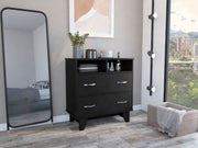 Portanova Two Drawer Dresser, Two Open Shelves, Superior Top,  Four Legs -Black