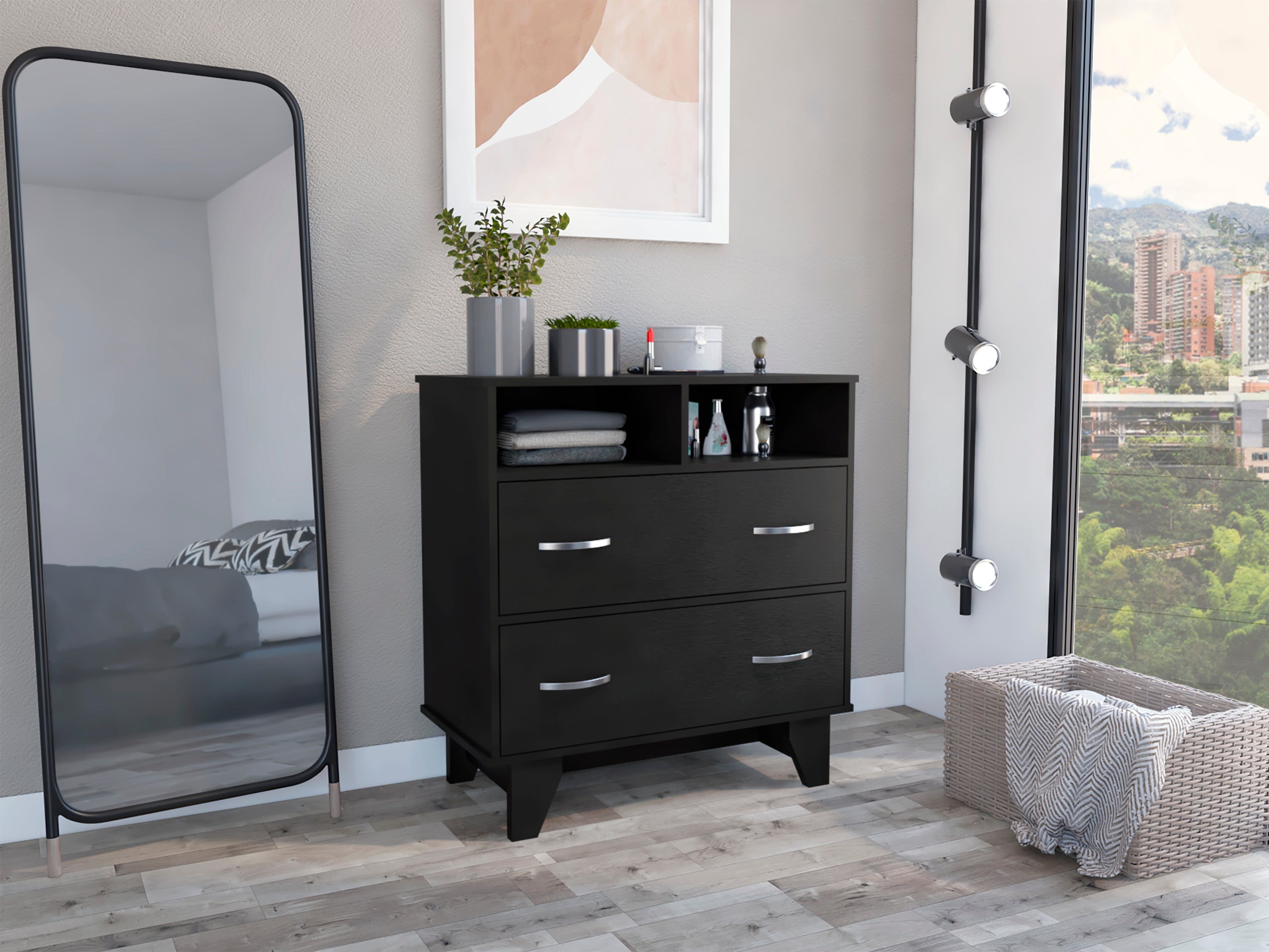 Portanova Two Drawer Dresser, Two Open Shelves, Superior Top,  Four Legs -Black