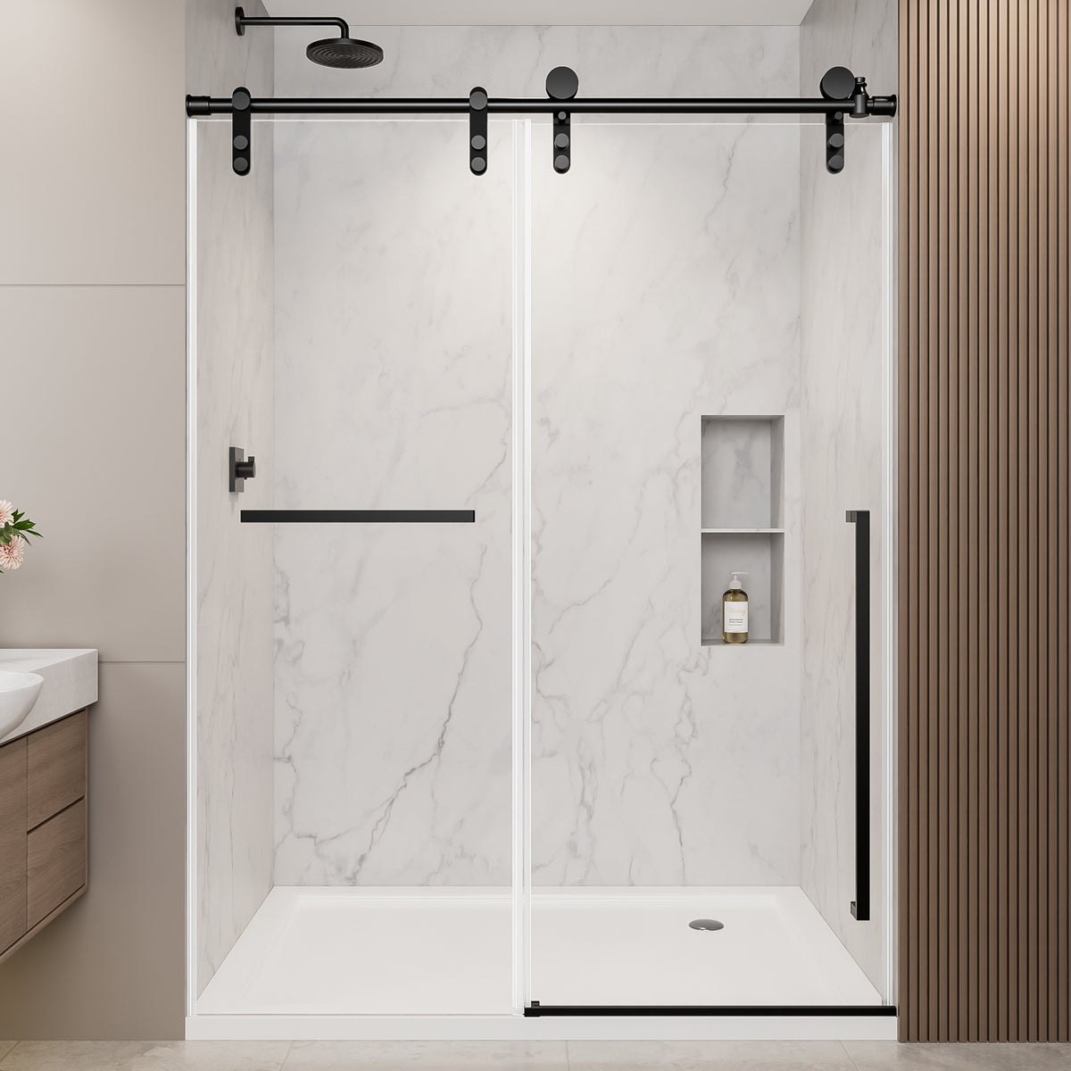 44'-48' W x 76' H Frameless Sliding Shower Door, Matte Black Shower Screen, 5/16' (8mm) Clear Tempered Glass With Explosion-proof Film