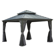 12'x12' Hardtop Gazebo Canopy,Outdoor Aluminum Gazebo with Galvanized Steel Double Roof,Permanent Gazebos with Drainage System,Curtain and Netting Included,Grey