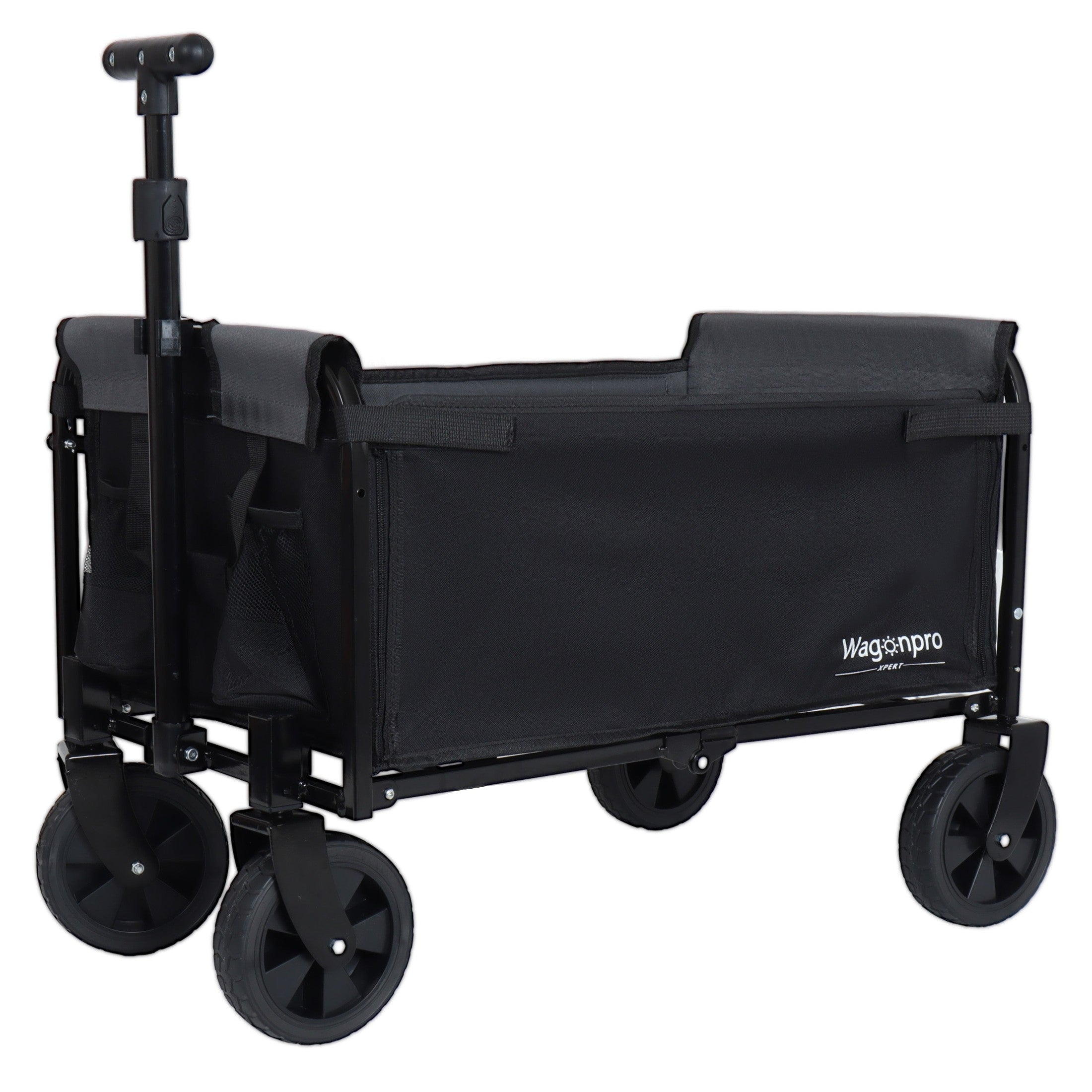 All-in-One Convertible Folding Camping Wagon Cart: Bench Seat, Storage Compartment & Included Dog Tether, Black/Gray