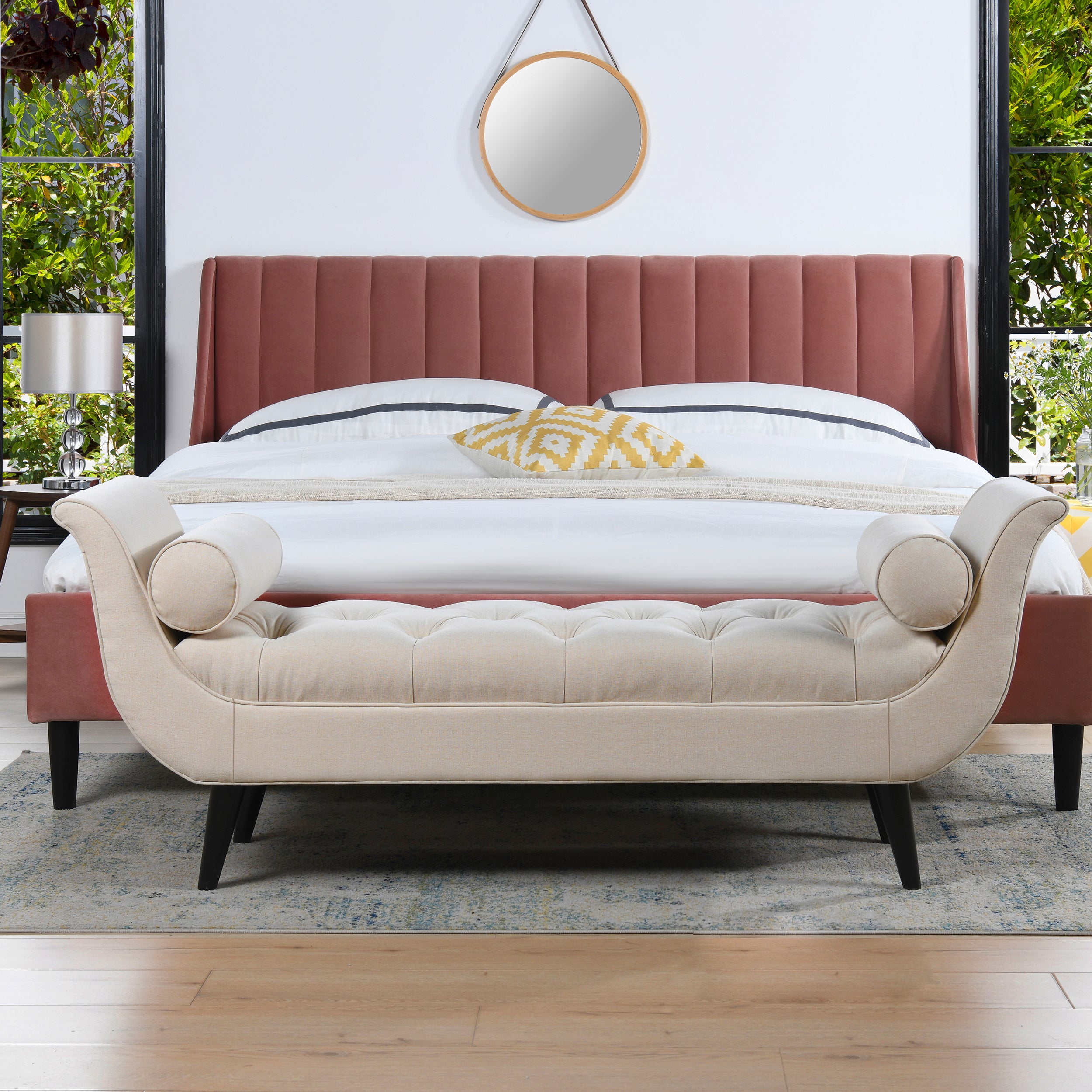 Alma Tufted Flared Arm Entryway Bench, Sky Neutral Beige Polyester