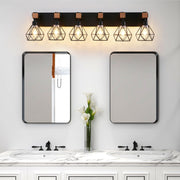 38' Modern Geometric 6-Light Vanity Light Fixture with Black Metal, Wooden Accents and Cage Lampshade for Bathroom, Bedroom, or Living Room (Bulb Not Included)