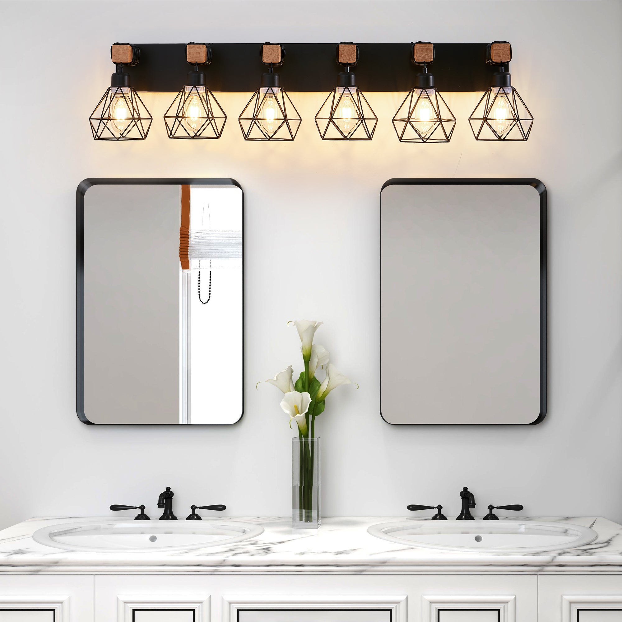 38' Modern Geometric 6-Light Vanity Light Fixture with Black Metal, Wooden Accents and Cage Lampshade for Bathroom, Bedroom, or Living Room (Bulb Not Included)