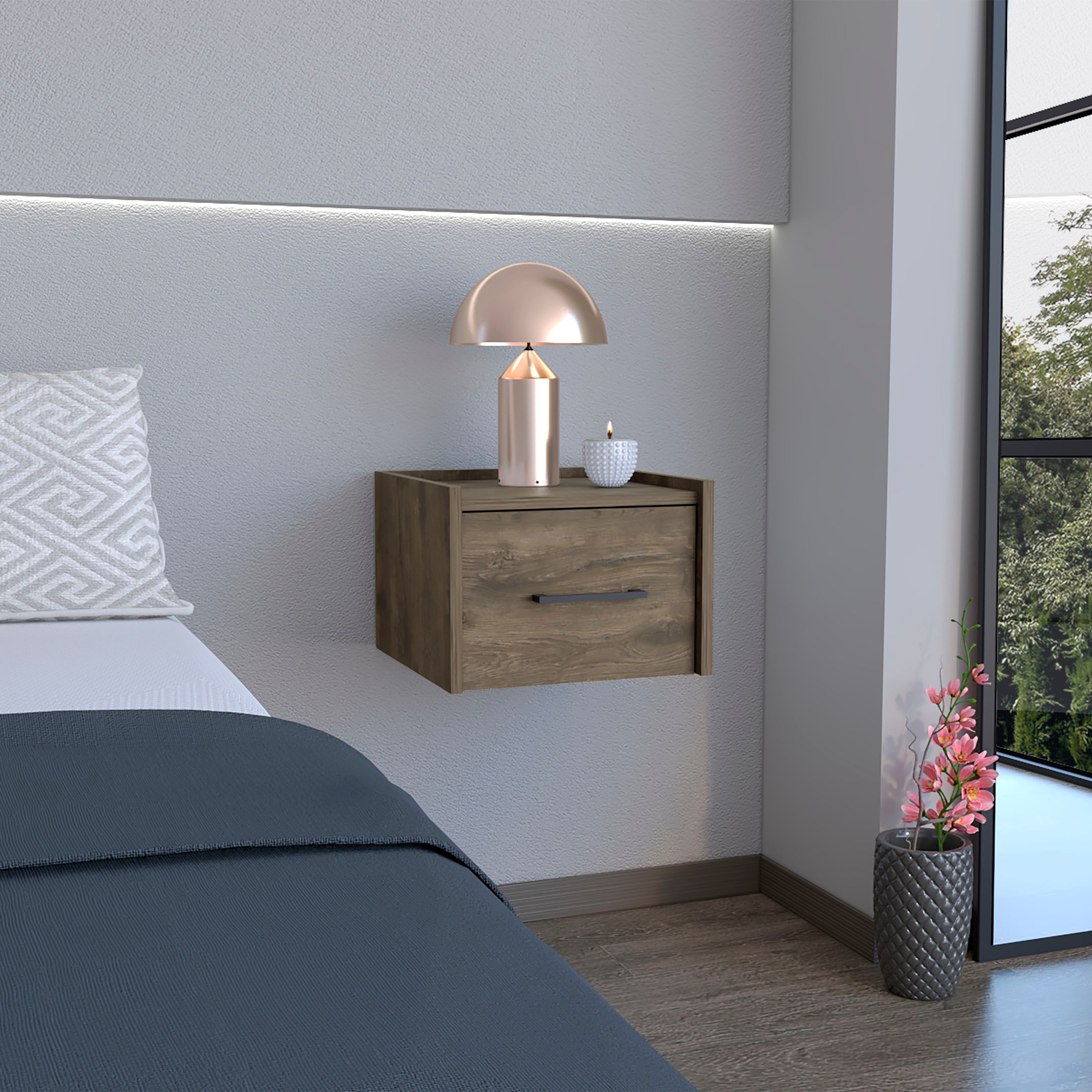 Floating Nightstand, Space-Saving Design with Handy Drawer and Surface, Dark Brown