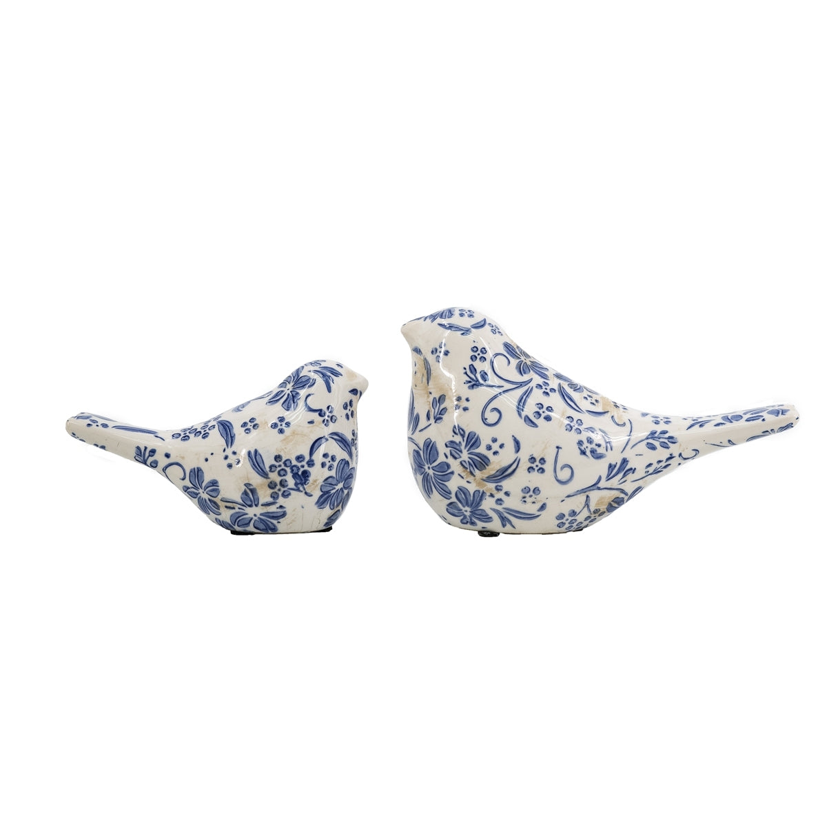 Set of 2 Chinoiserie Ceramic Birds, Farmhouse L:8x3.5x4.5' S:6x3x3.5'