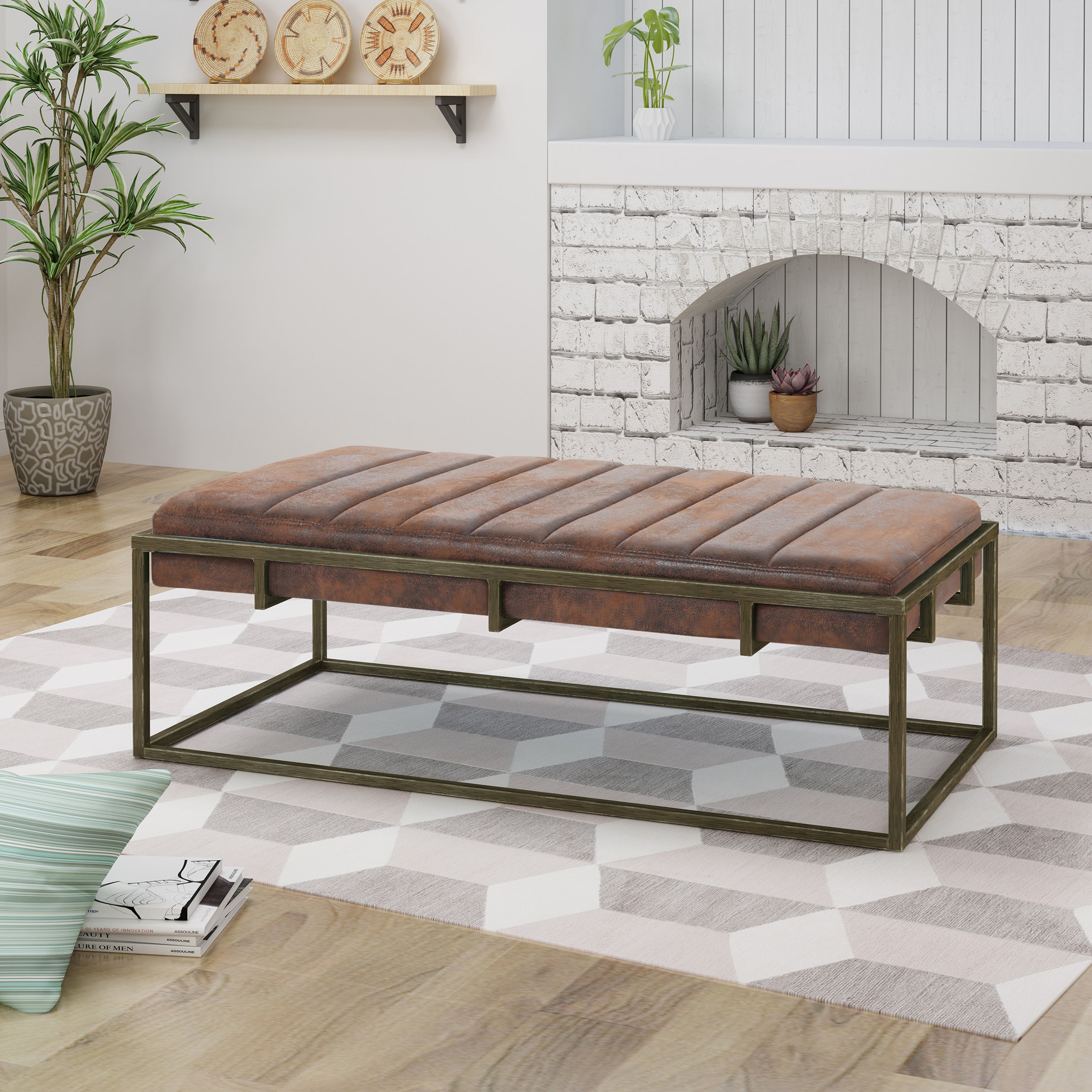 Upholstered Metal Ottoman Bench, Brown, Suede