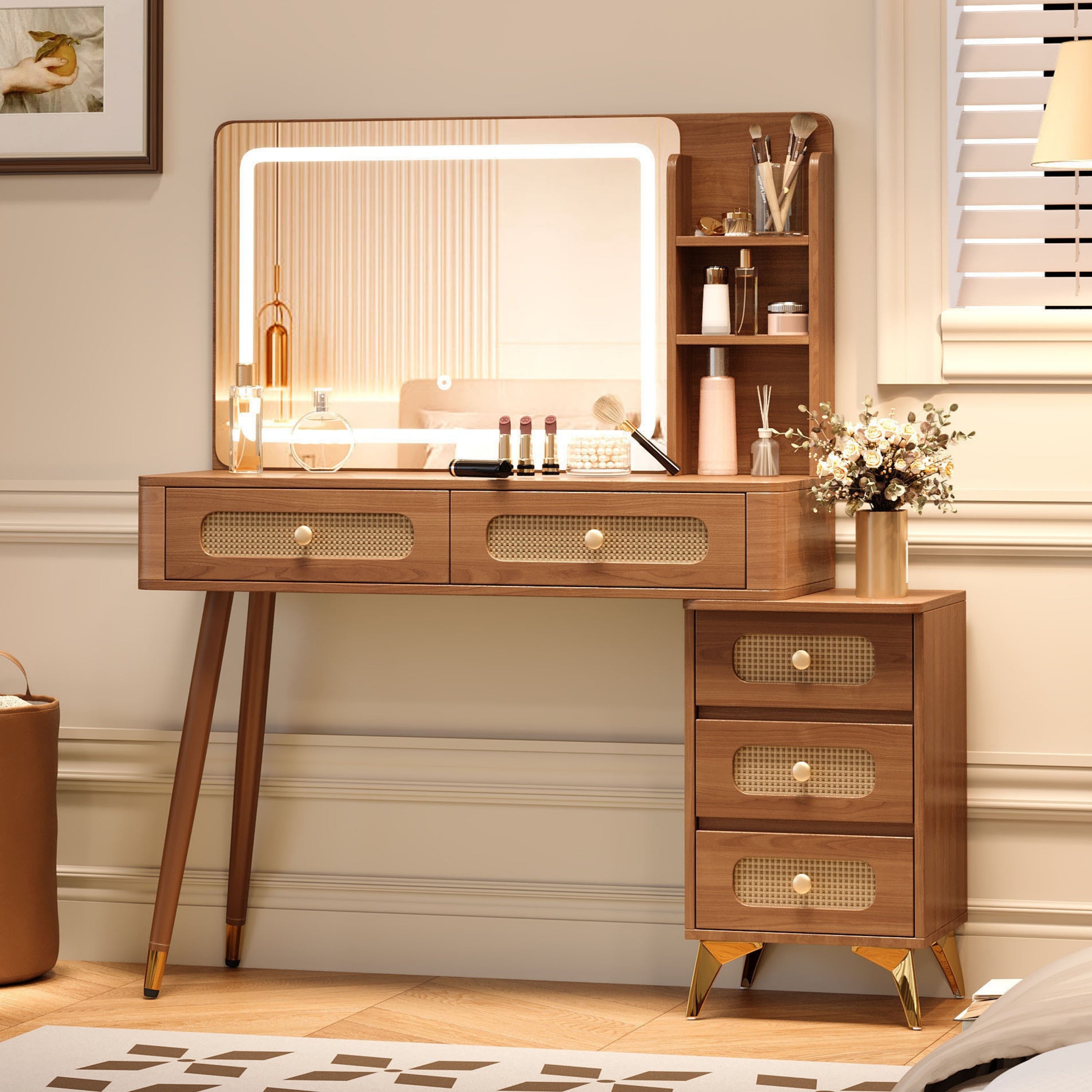 47''Vintage Makeup Vanity with Mirror and Lights, Makeup Vanity Desk with 5 Drawers and Storage Shelf, Rattan Drawer Design, 3 Color Modes and Adjustable Brightness Dressing Table,Walnut