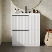 30' Bathroom Vanity with Ceramic Sink and Full-Extension Drawers, Freestanding Bathroom Vanity with Soft Close Drawer Slides, Fluted Design, White