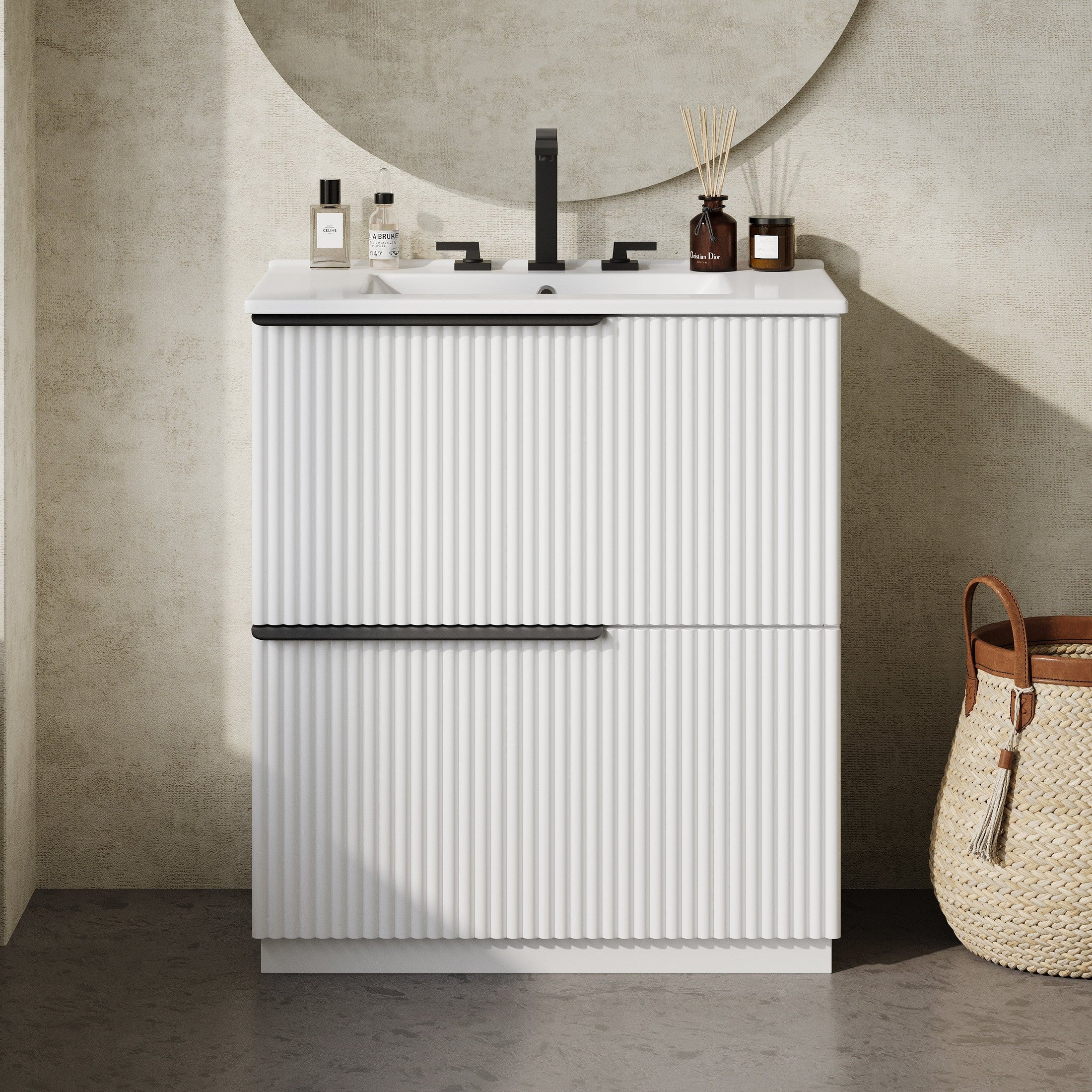 30' Bathroom Vanity with Ceramic Sink and Full-Extension Drawers, Freestanding Bathroom Vanity with Soft Close Drawer Slides, Fluted Design, White