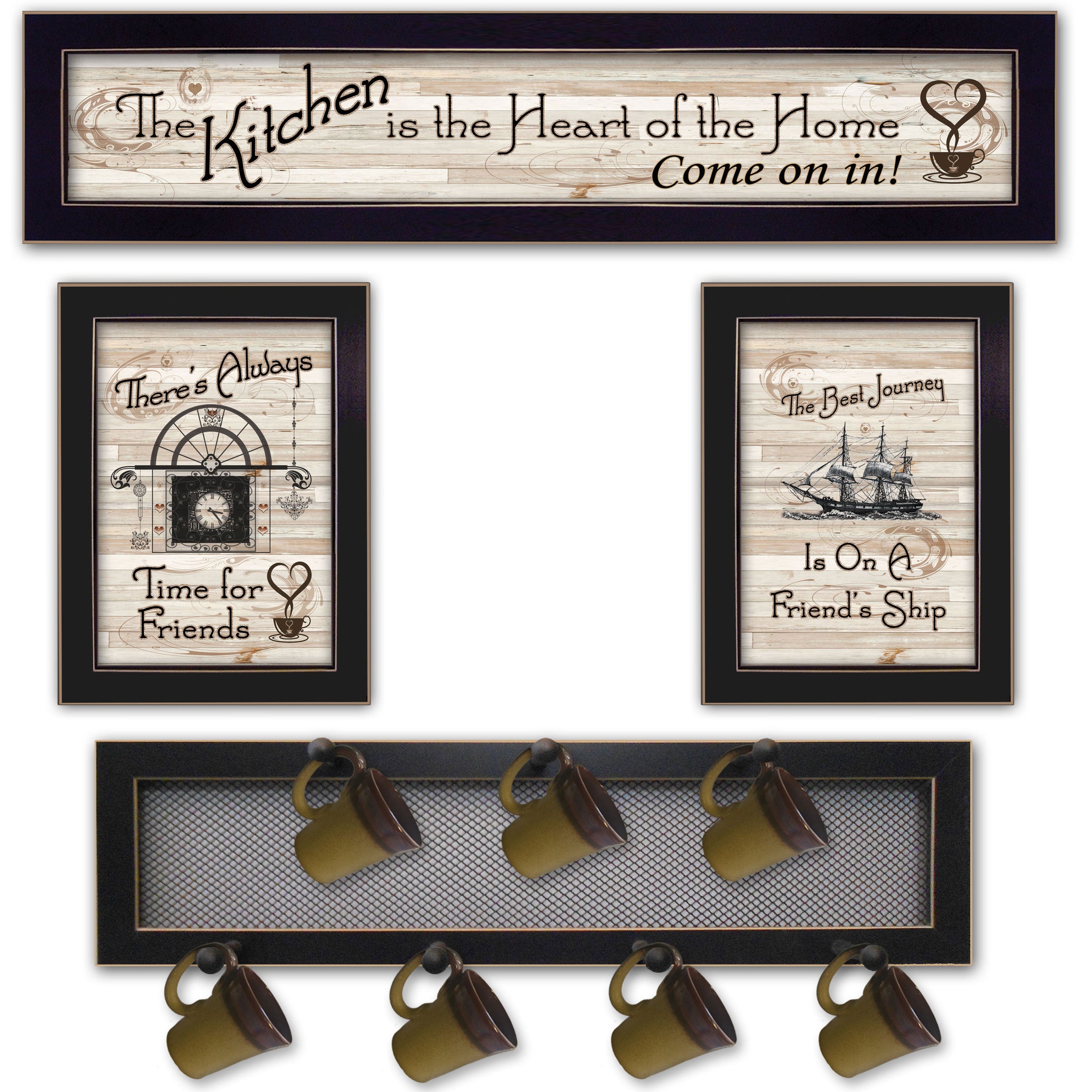 'Kitchen Collection VI' 4-Piece Vignette with 7-Peg Mug Rack by Millwork Engineering, Black Frame