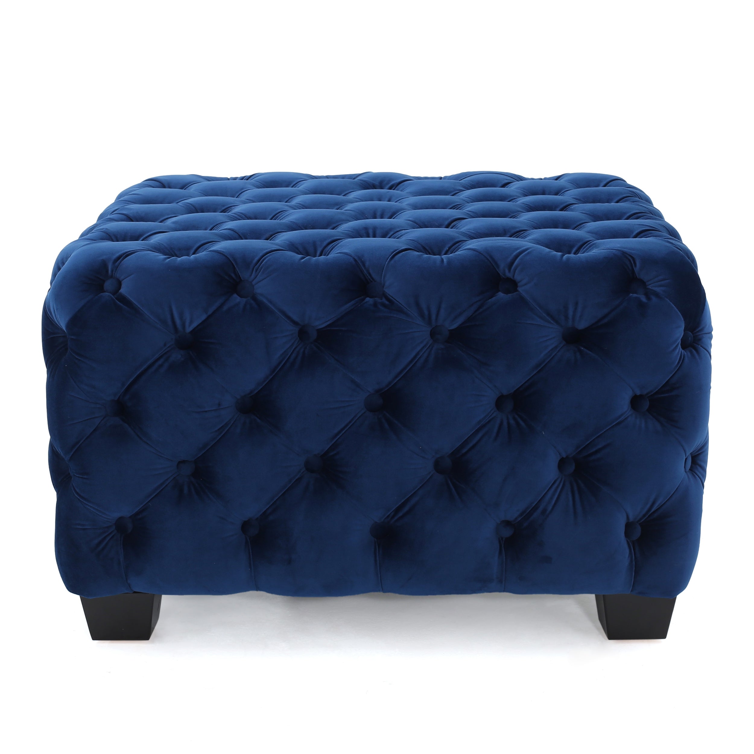 Modern Glam Ottoman with Velvet Upholstery and Button-Tufted Design in Navy Blue, 29 x 29 x 18.25 inches