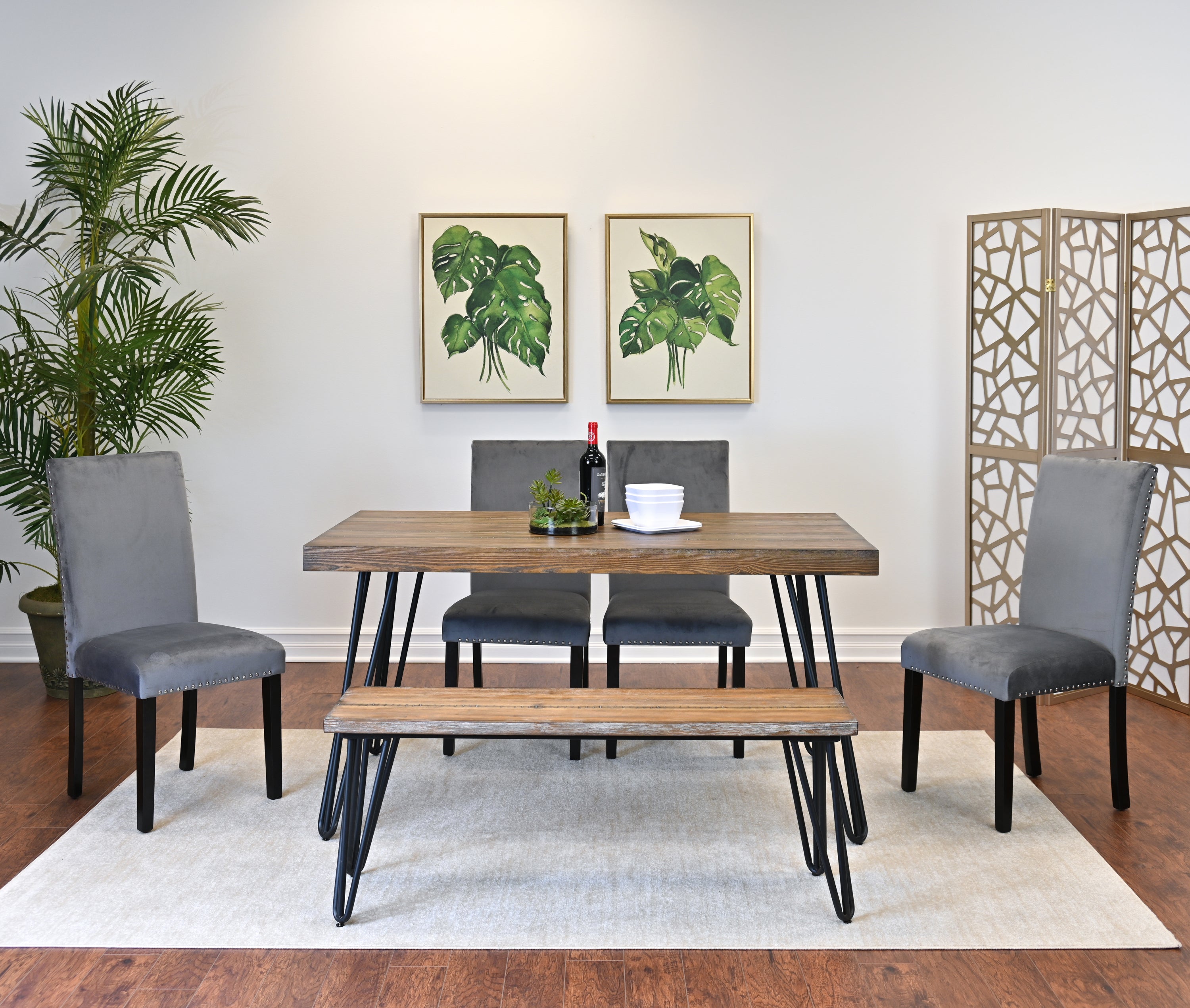 Ashzo 6-Piece Dining Set, Hairpin Dining Table with 4 Chairs and Bench, 3 Color Options