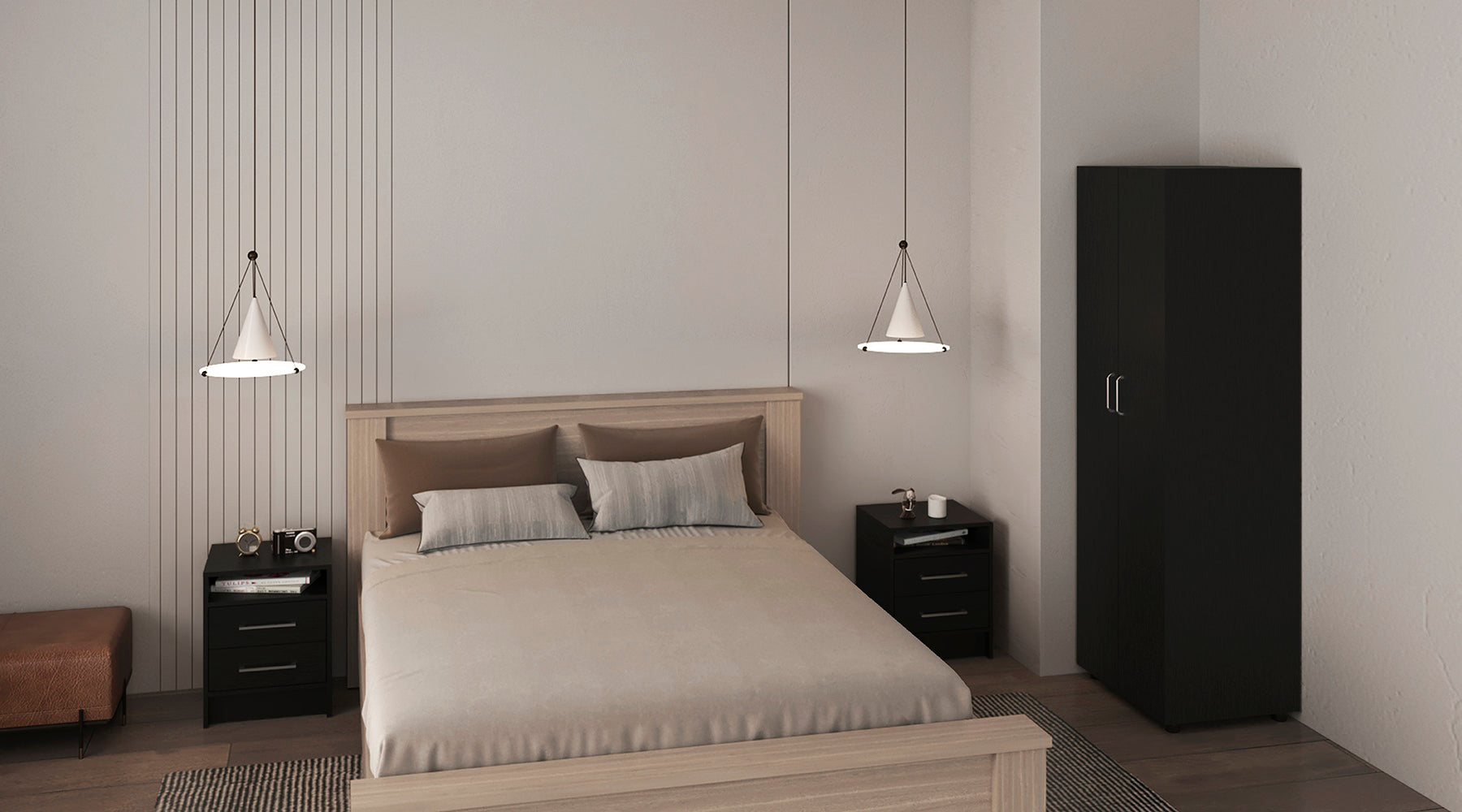 3 Piece Bedroom Set, London Armoire + 2 Leyva Nightstands, Black