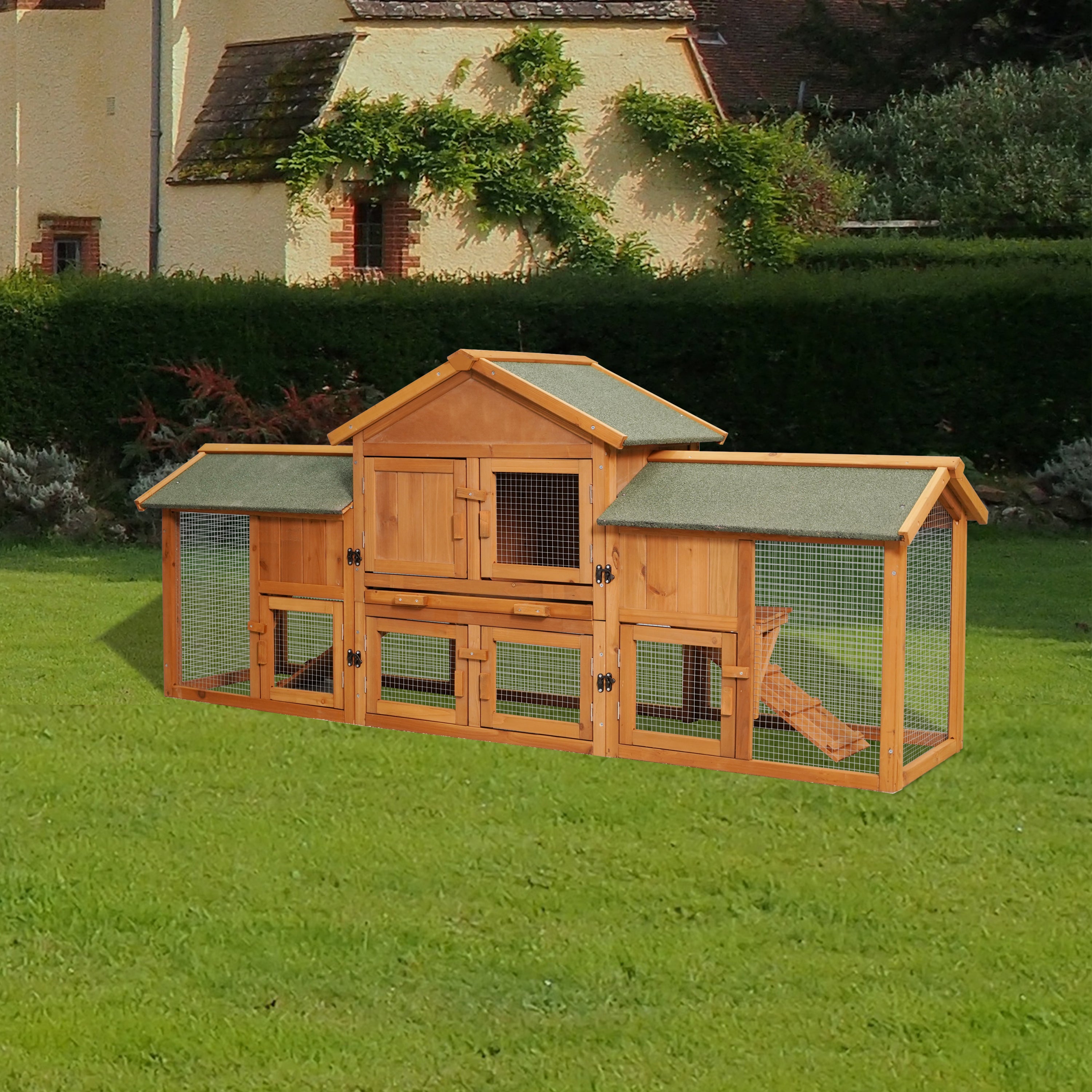 79.5' Extra Large Bunny Cage with 2 Runs House Small Animal Habitats for Guinea Pigs Hamster Removable Tray Two Tier Waterproof Roof Pet Supplies Cottage Poultry Pen Enclosure