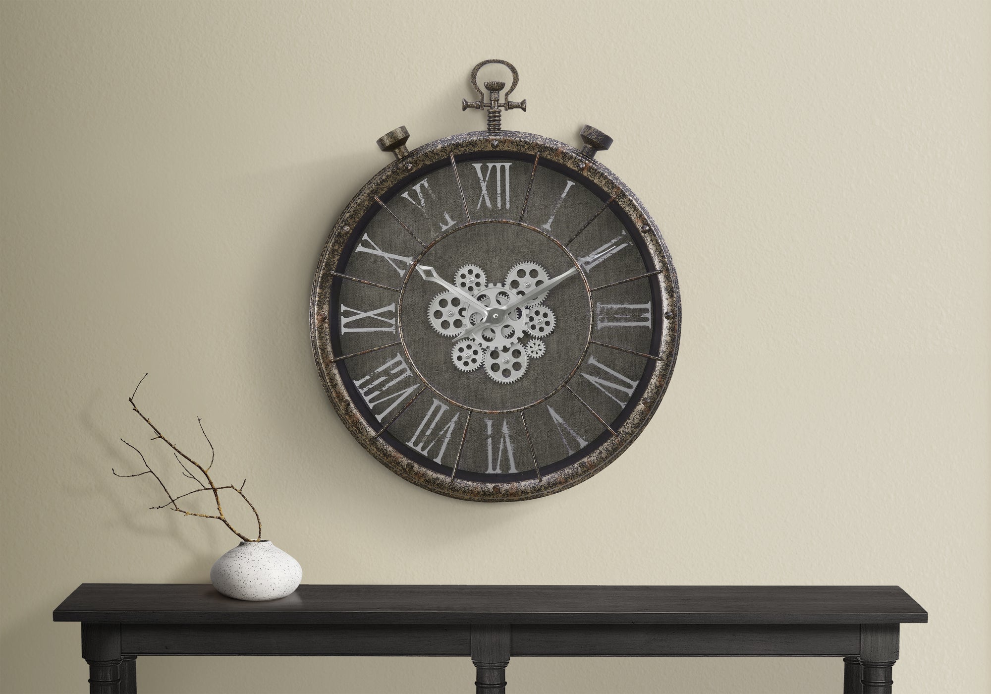 Clocks, 24' Round, Gear Mechanism, Wall Clock, Grey, Transitional