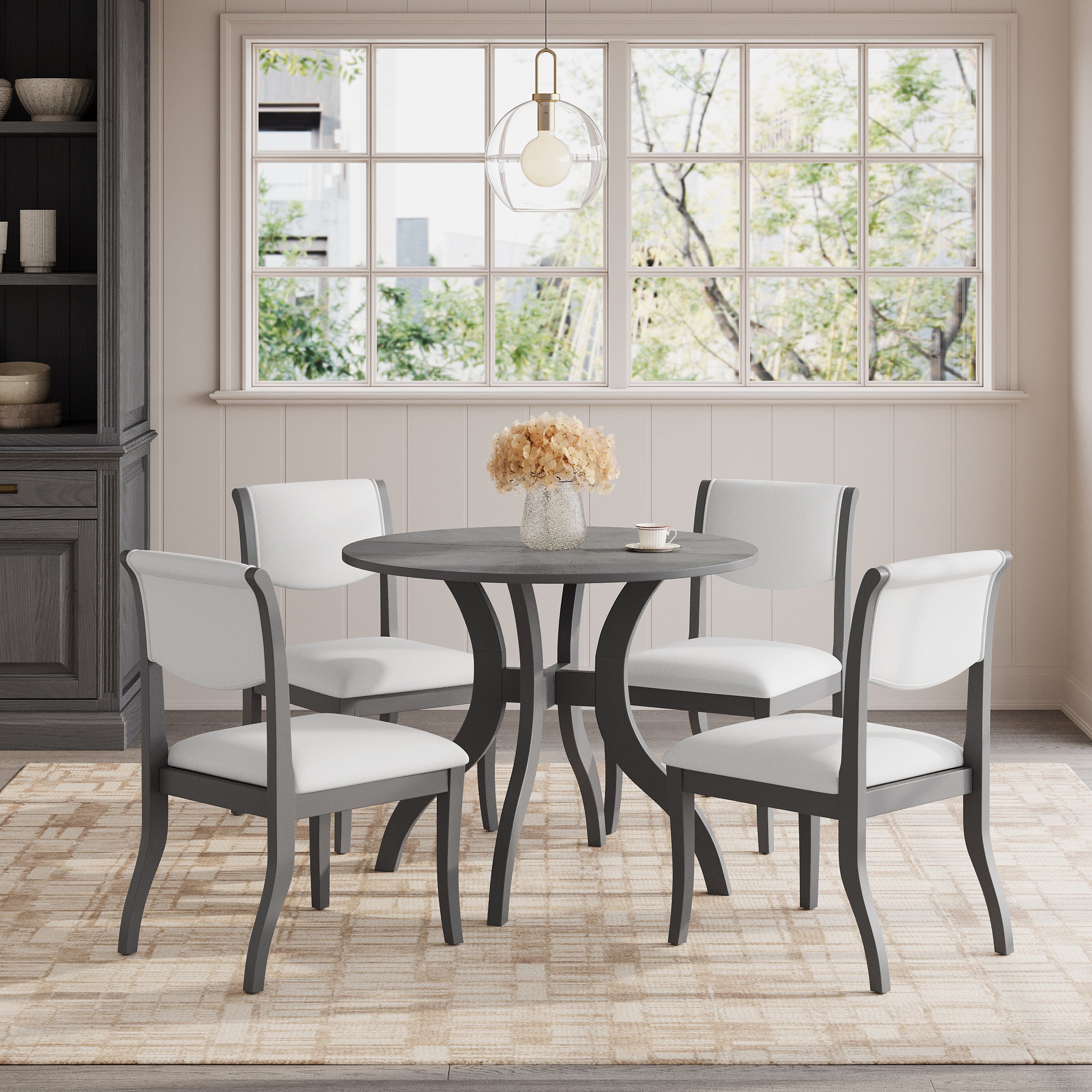 Oak Gray Dining Table Set:39.4' Round Table + 2 Chairs - Traditional Solid Wood Kitchen Set with Inlaid Tabletop, Elegant Curved Legs for Dining Room