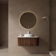 DINA 36' Bathroom Vanity with Sink, Wall-Mounted Floating Curved Edges Striped Bathroom Storage Cabinet with Drawer, White Ceramic Basin without Faucet, Pre-assembled, Dark Walnut Woodgrain Color