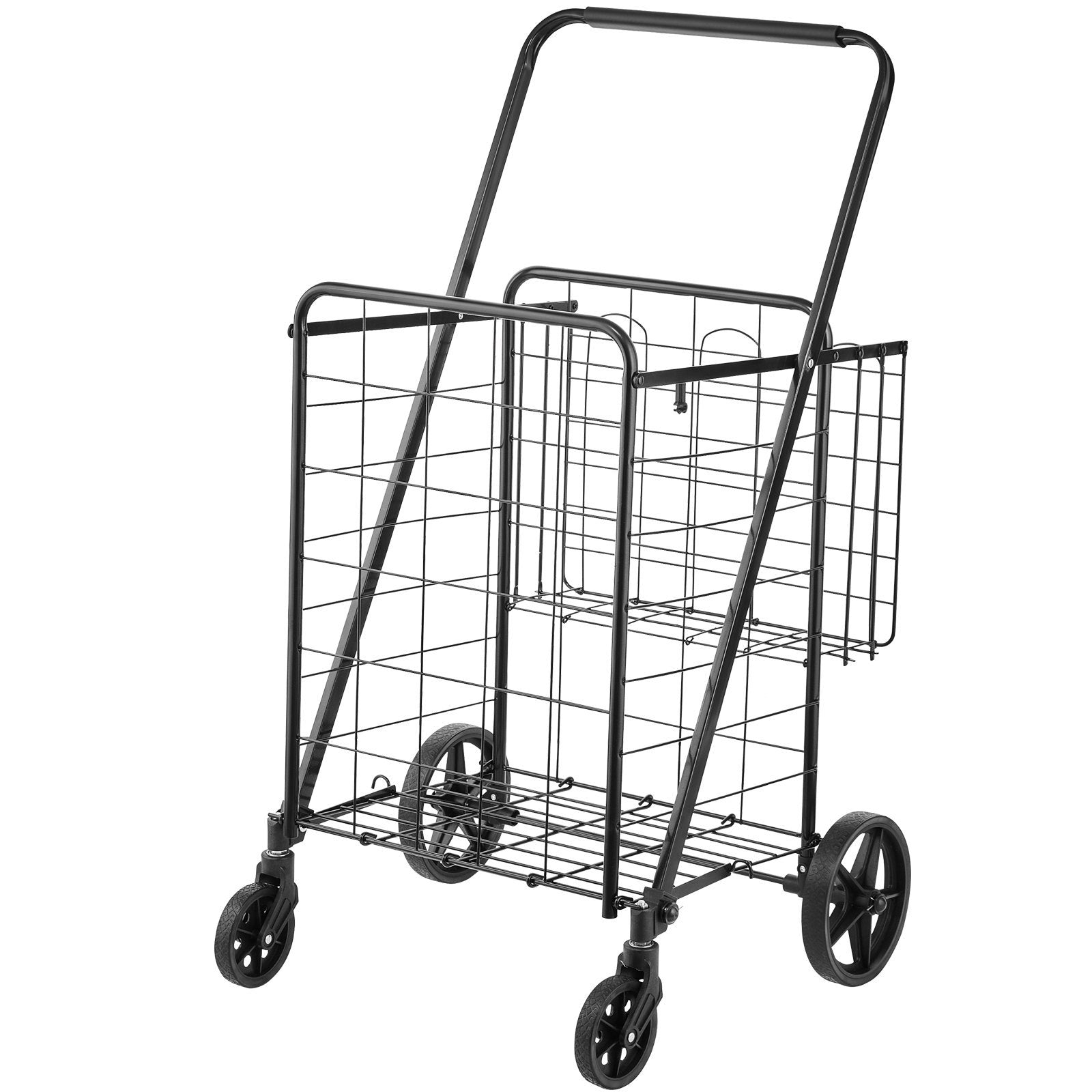 Folding Shopping Cart, Jumbo Grocery Cart with Double Baskets, 360° Swivel Wheels, Heavy Duty Utility Cart, 110 LBS Large Capacity Utility Cart for Laundry, Shopping, Grocery, Luggage