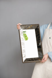 24' x 15' Antique Silver Rectangle Mirror with Floral Accents, Mirrored Display Tray, Hanging Wall Mirror