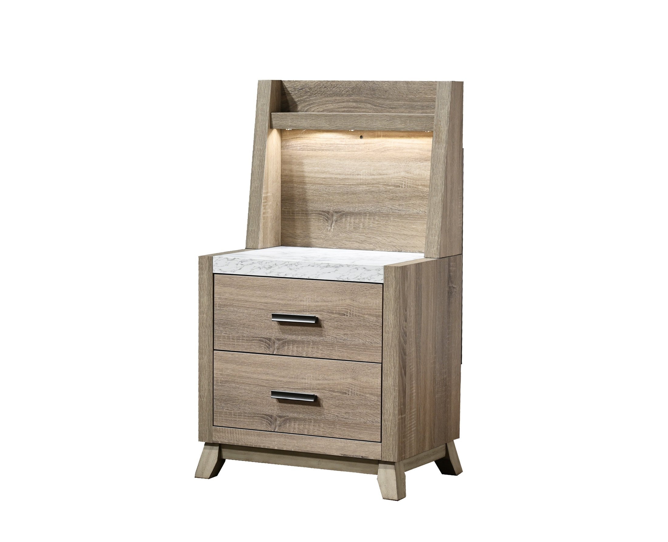1pc Rustic Transitional Contemporary Nightstand Wall Panel Natural Brown Faux Stone Top w/LED Light Bed Side Cabinet