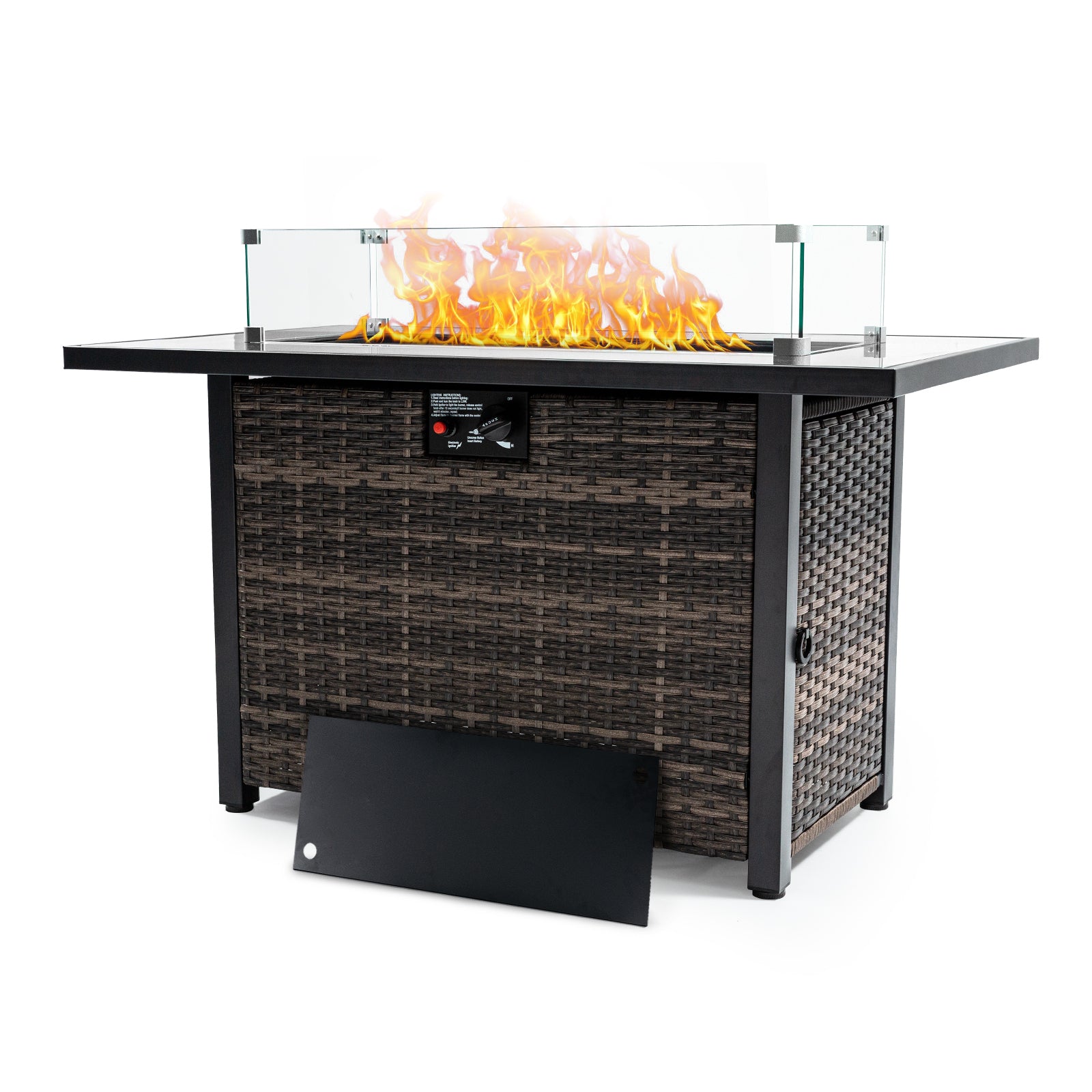 Outdoor Fire Pit 50,000 BTU Propane Gas Fire Table with Lid Fireplace with Glass Wind Guard Wicker Base for Garden, Patio, Backyard, 44'