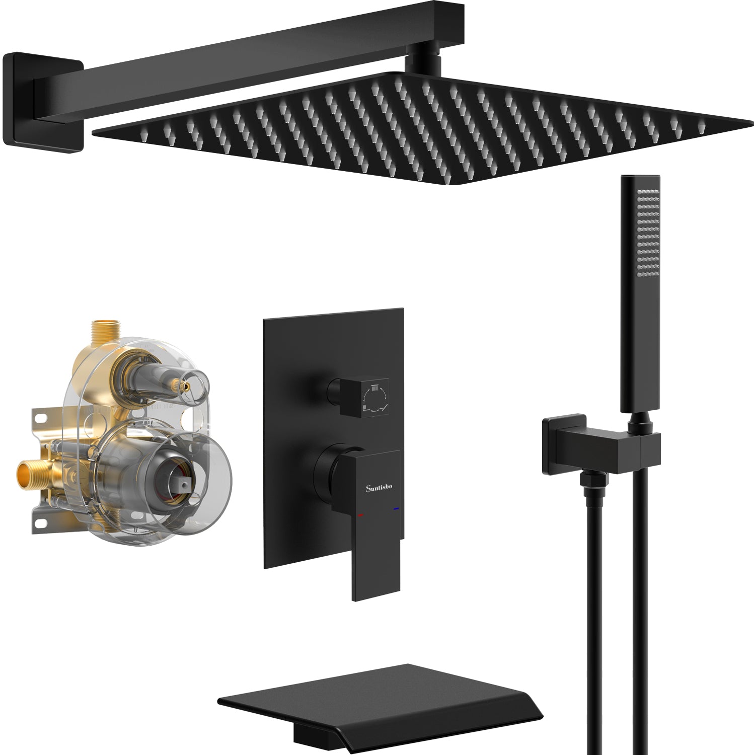Male NPT Waterfall Tub and Shower Faucet Set, Suntisbo 10-Inch Matte Black Rain Shower System