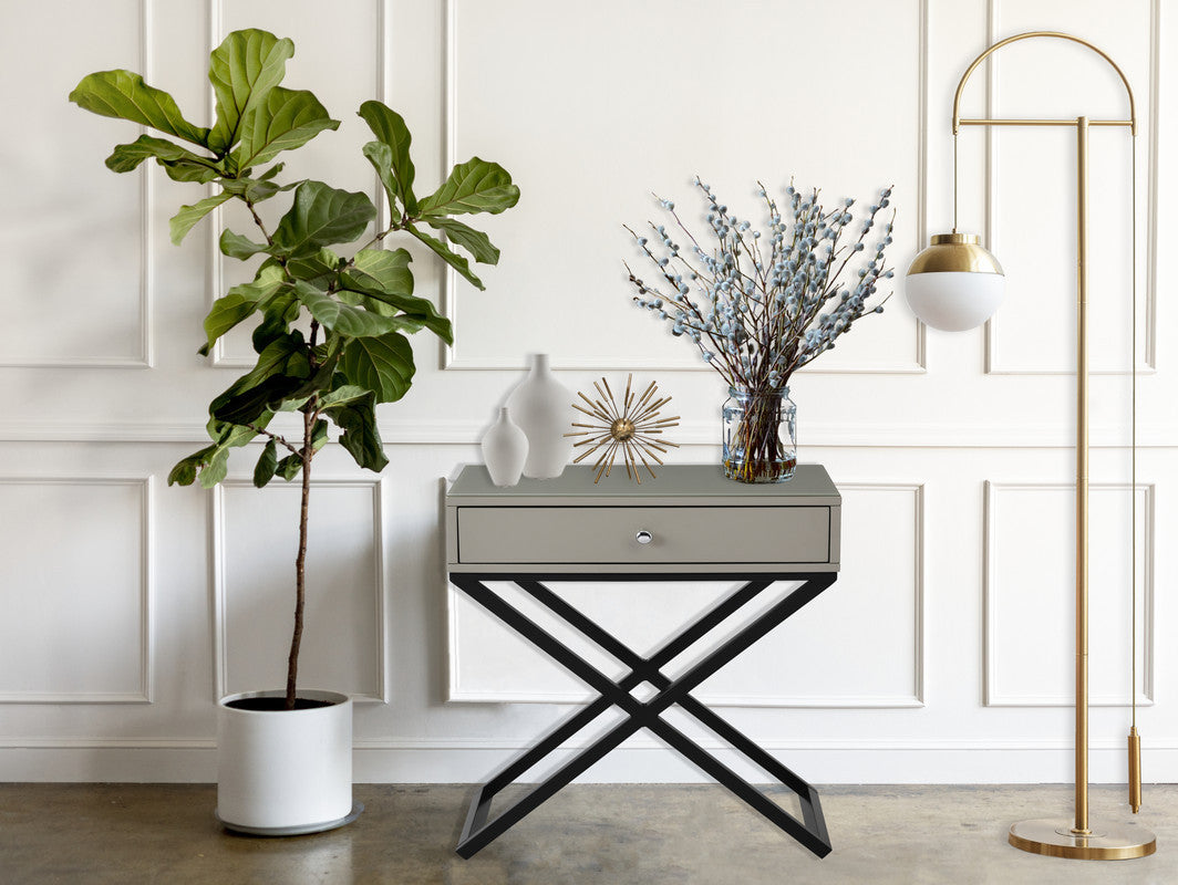 Koda 23' Taupe Wooden End Side Table Nightstand with Glass Top, Drawer and Metal Cross Base