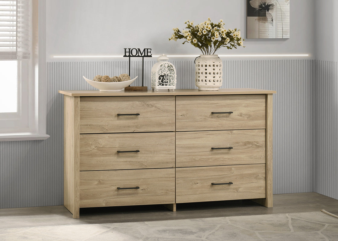 Celeste 57'W Light Oak Finish 6-Drawer Dresser with Black Handles