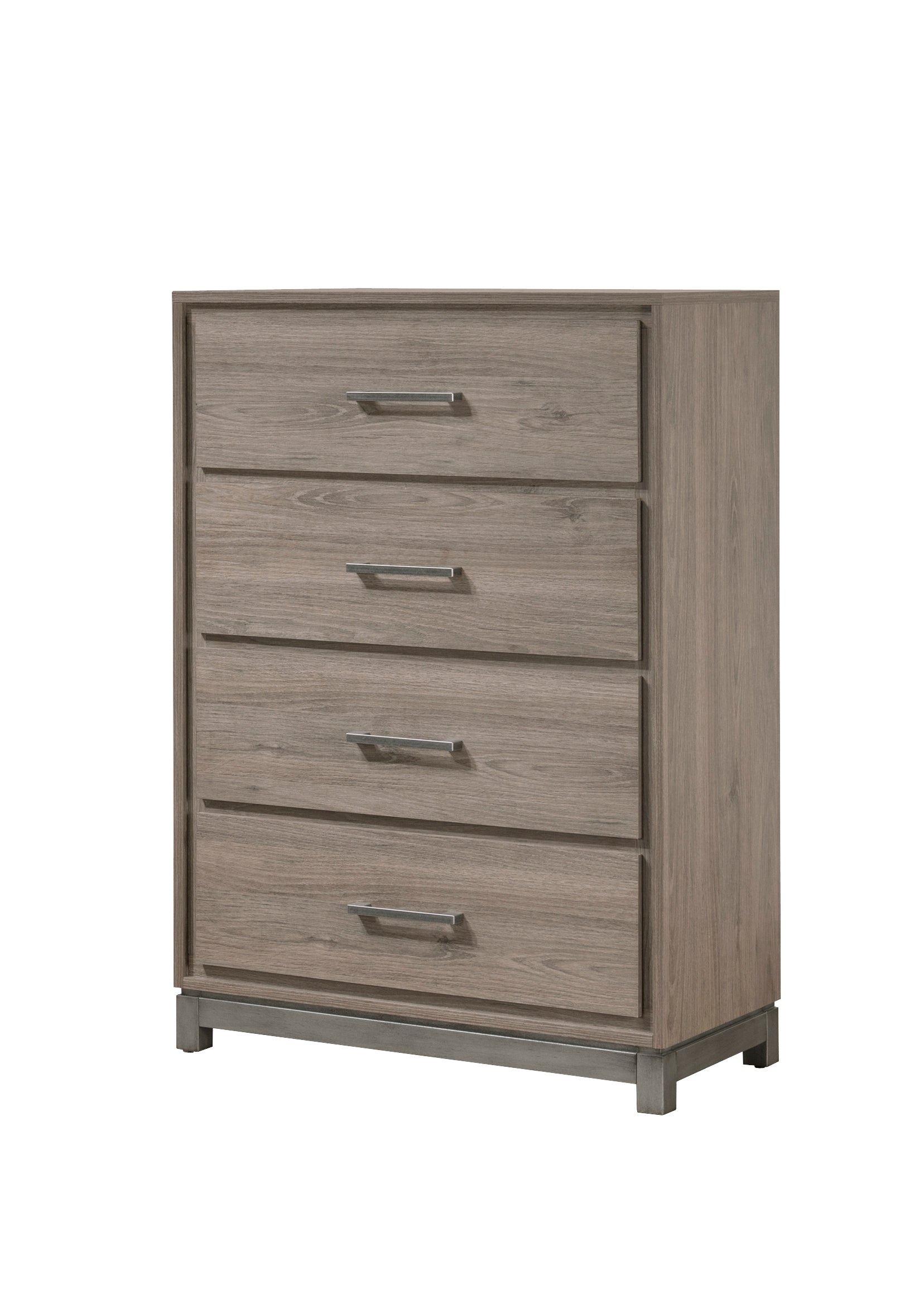 1pc Contemporary 4-Drawer Storage Chest Metal Handle Grey Oak Finish