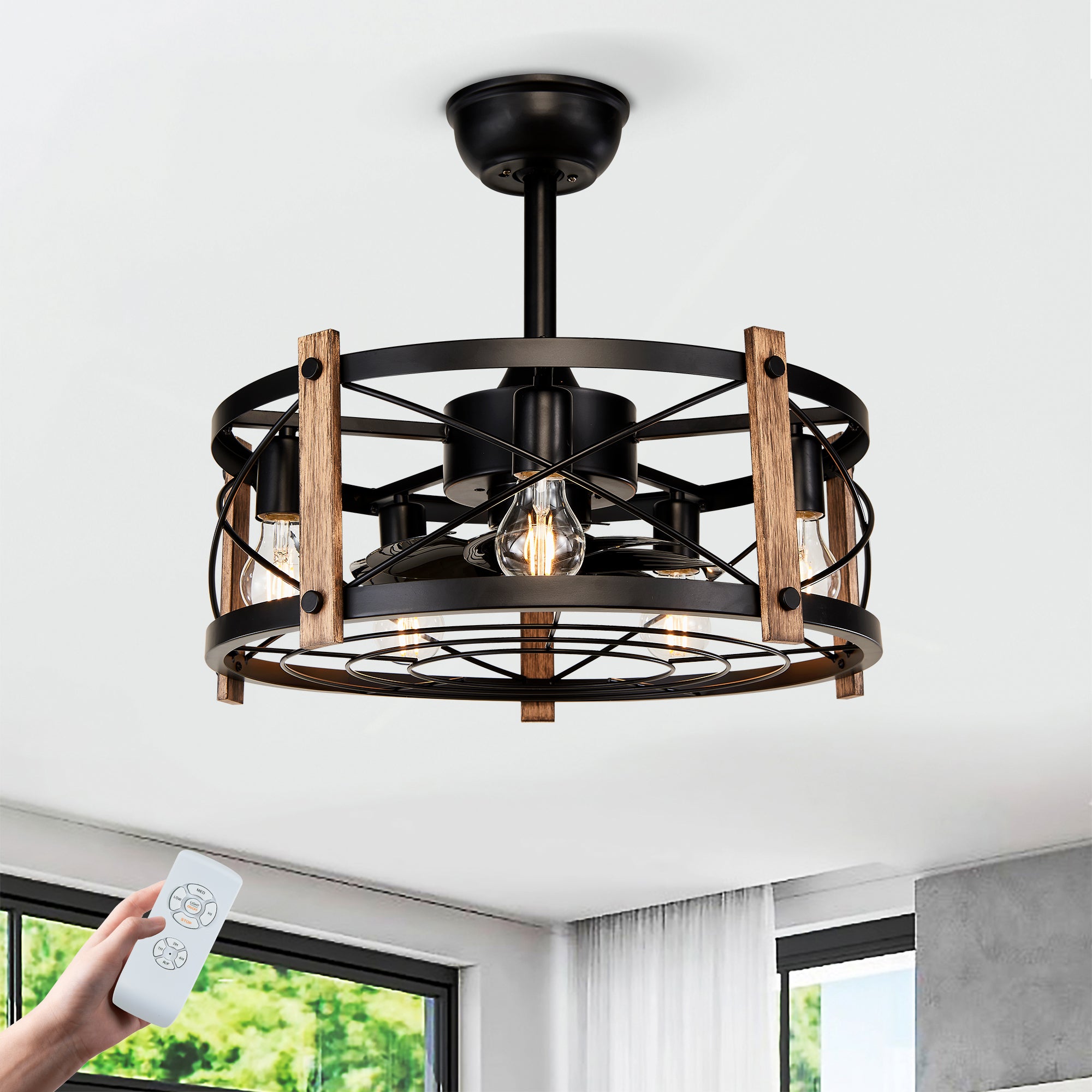 20'' Cage Ceiling Fan With Remote Control ,Quiet  Motor Fan Light , Indoor  Chandelier Ceiling Fan For Bedroom, Living room, Dinning Room, Kids Room--Matte Black (bulbs not included.)