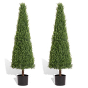 4FT Conical Topiary Cedar Trees Artificial Outdoor Lifelike Faux Evergreen Shrubs and Bushes, UV Resistant Fake Potted Plants for Front Porch and Garden Decor, 2pcs/set