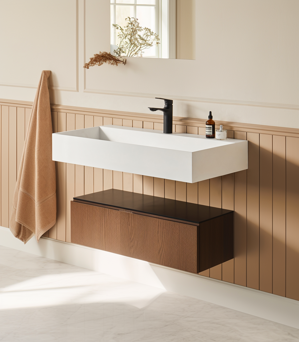 36' x 18' Solid Surface Wall Mount Rectangle Matte White Vessel Sink with Faucet Hole