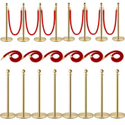 8PCS Velvet Ropes and Posts, 5 ft/1.5 m Red Rope, Stainless Steel Gold Stanchion with Ball Top, Red Crowd Control Barrier Used for Theaters, Party, Wedding, Exhibition, Ticket Offices 8 packSets