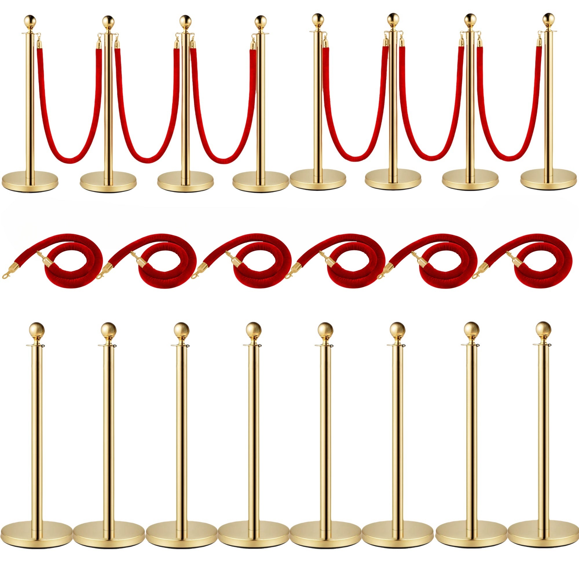 8PCS Velvet Ropes and Posts, 5 ft/1.5 m Red Rope, Stainless Steel Gold Stanchion with Ball Top, Red Crowd Control Barrier Used for Theaters, Party, Wedding, Exhibition, Ticket Offices 8 packSets
