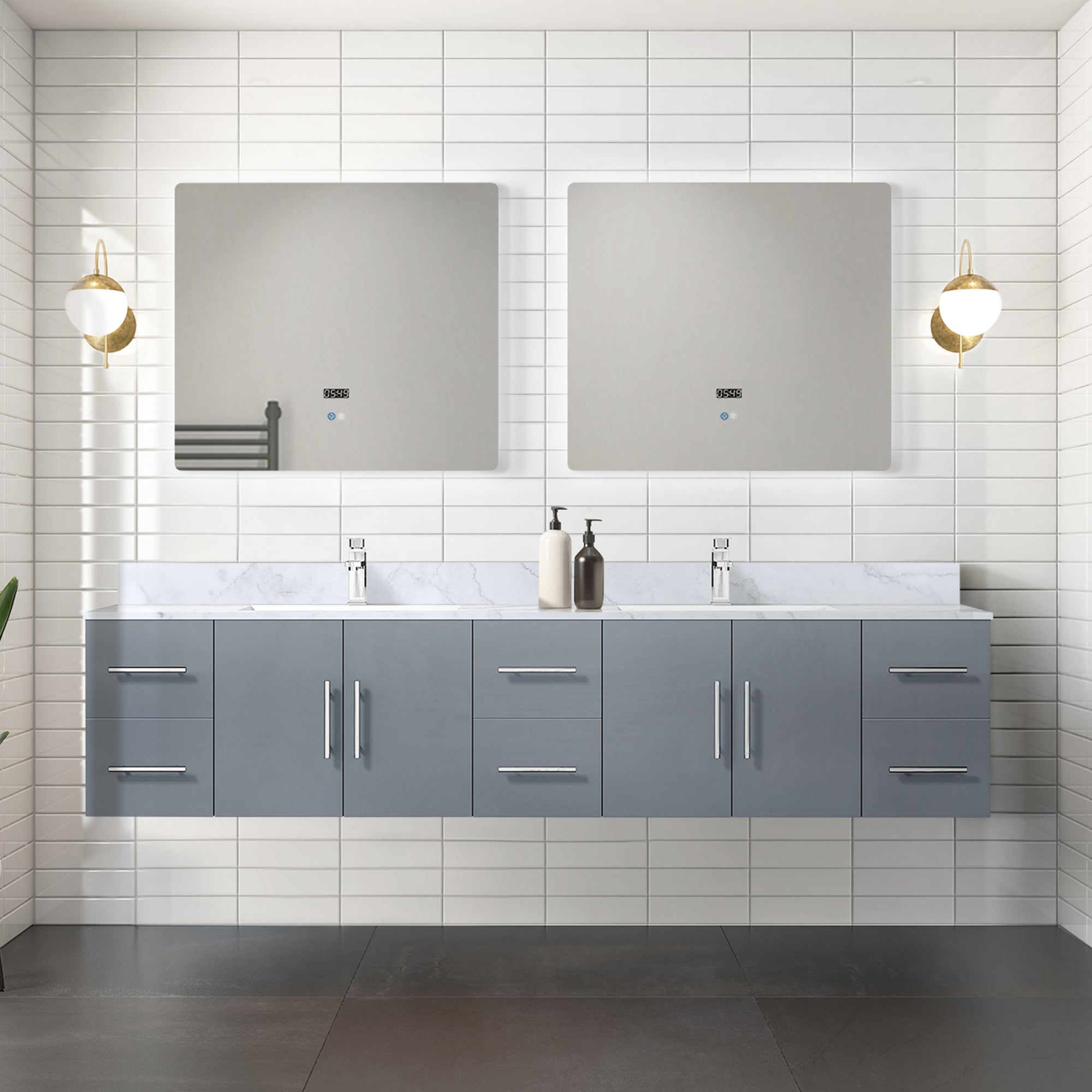 Dark Grey Double Bath Vanity 84 in. W x 22 in. D, Carrara Marble Top, and Faucet Set