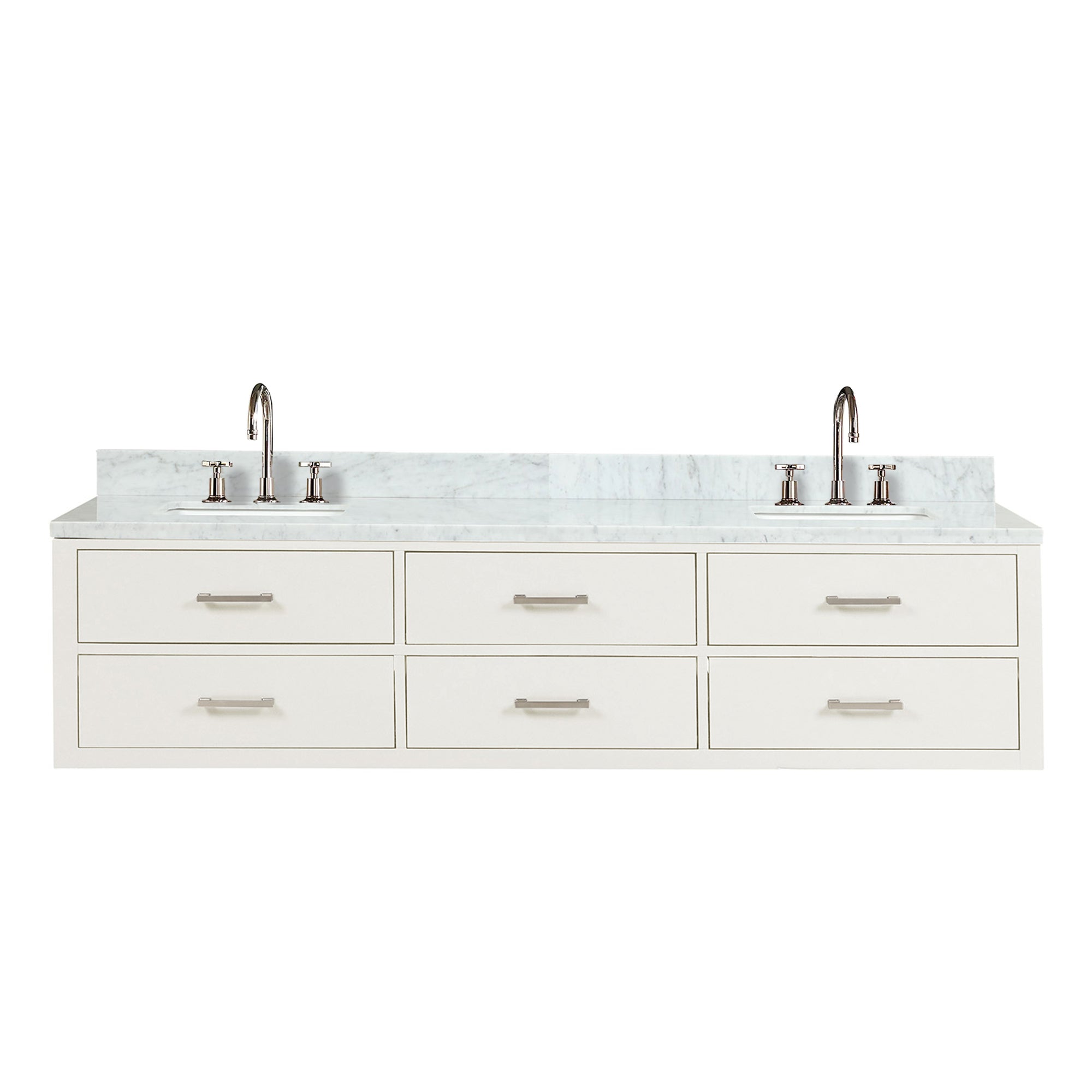 White Double Bath Vanity 80 in. W x 22 in. D, Carrara Marble Top, and Faucet Set