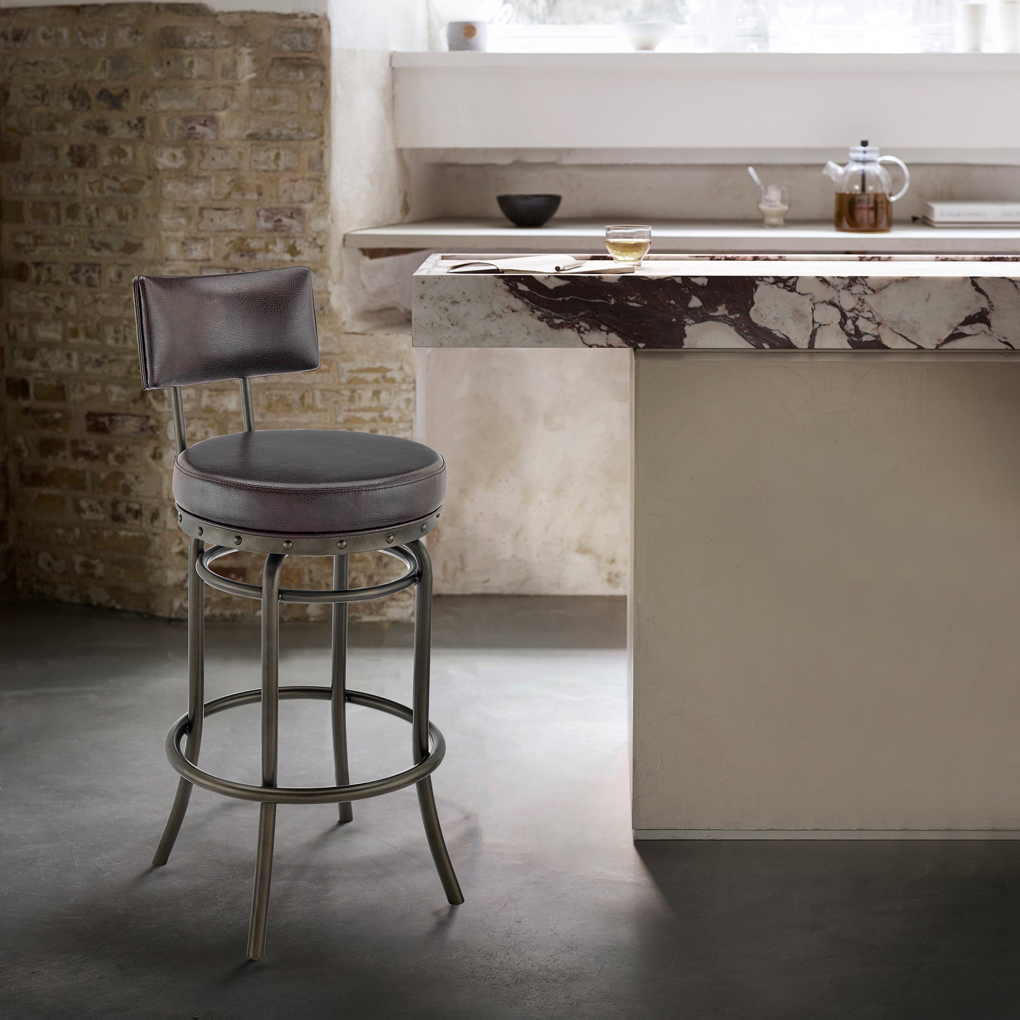 Leslie Swivel Counter or Bar Stool in Mocha Finish with Brown Faux Leather