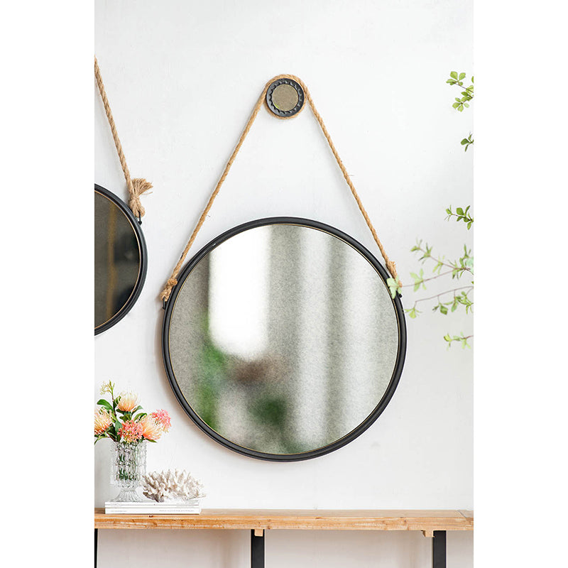 29.5' in On-trend Hanging Round Mirror with Black Framed and with Rope Strap Contemporary Industrial Decor for Bathroom, Bedroom, or Living Space