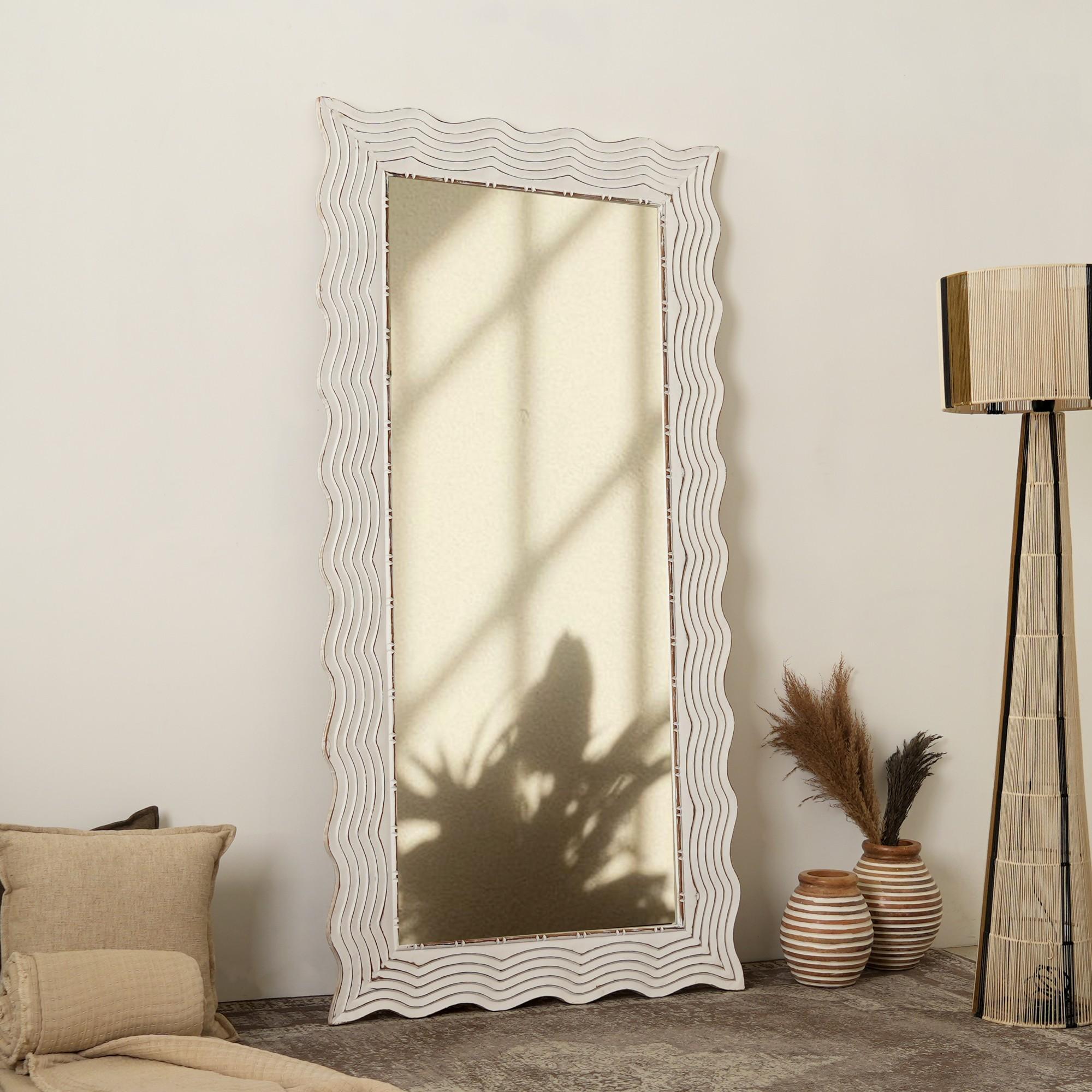 Rustic White Solid Wood Handcarved Wave Design Rectangle Mirror Accent - Enhancing Space & Light - Antique White - 36' x 72'