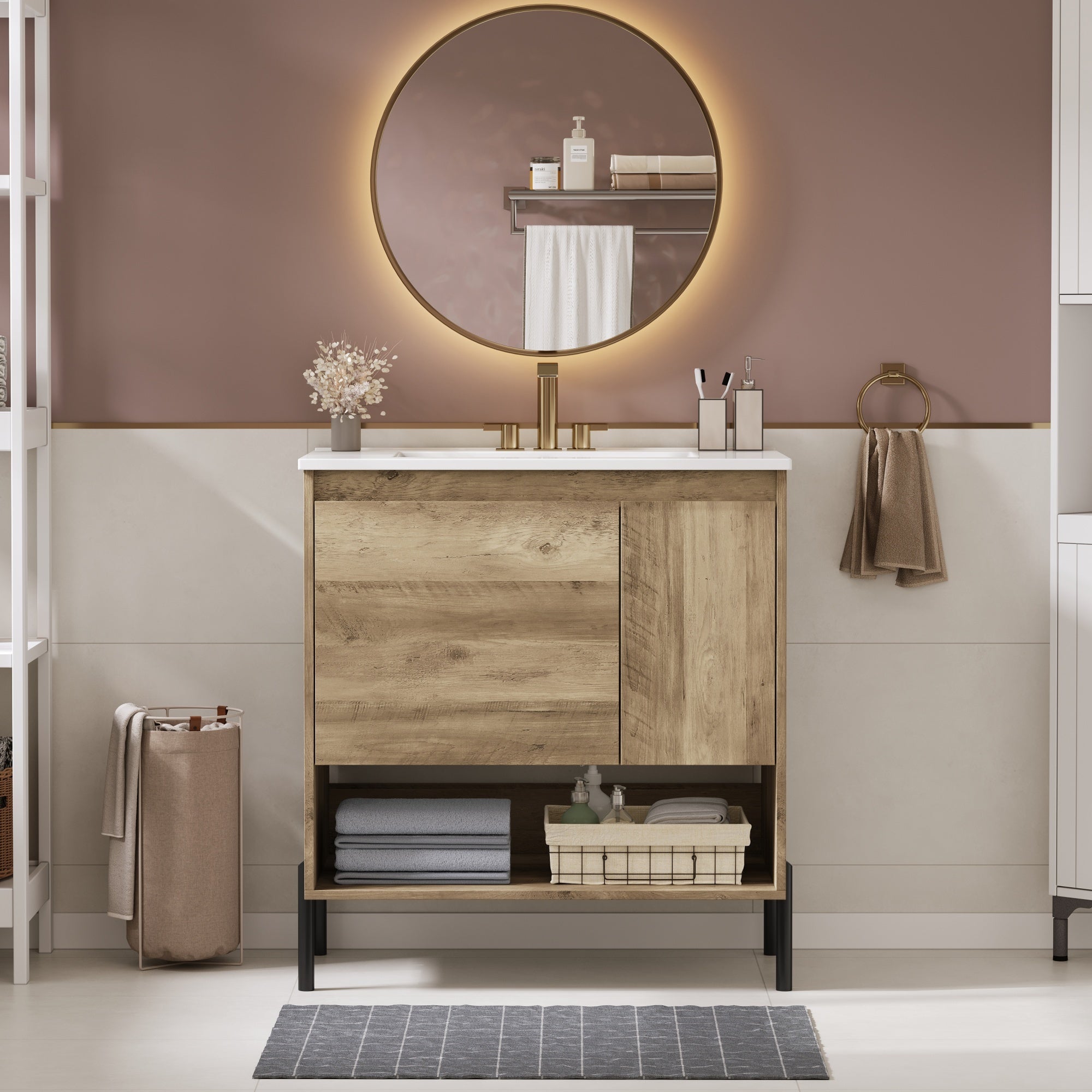 30' Modern Wood Fixture Bathroom Vanity, Bathroom Cabinet with Sliding Drawer, Bathroom Storage Cabinet with Ceramic Basin Sink Top, Single Bathroom Vanities Cabinet with Doors and Open Shelf