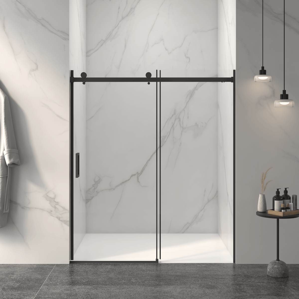 56-60'W x 72'H Frameless Sliding Shower Door,5/16' (8mm) Thick SGCC Tempered Clear Glass,Double Side Easy Clean Coat, Matte Black Finished With Buffer