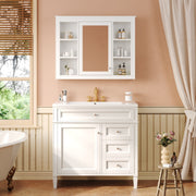 36'' Bathroom Vanity with Top Sink, Modern Bathroom Storage Cabinet with Mirror, 2 Drawers and a Tip-out Drawer, Mirror Cabinet with 6 Open Shelves, Single Sink Bathroom Vanity