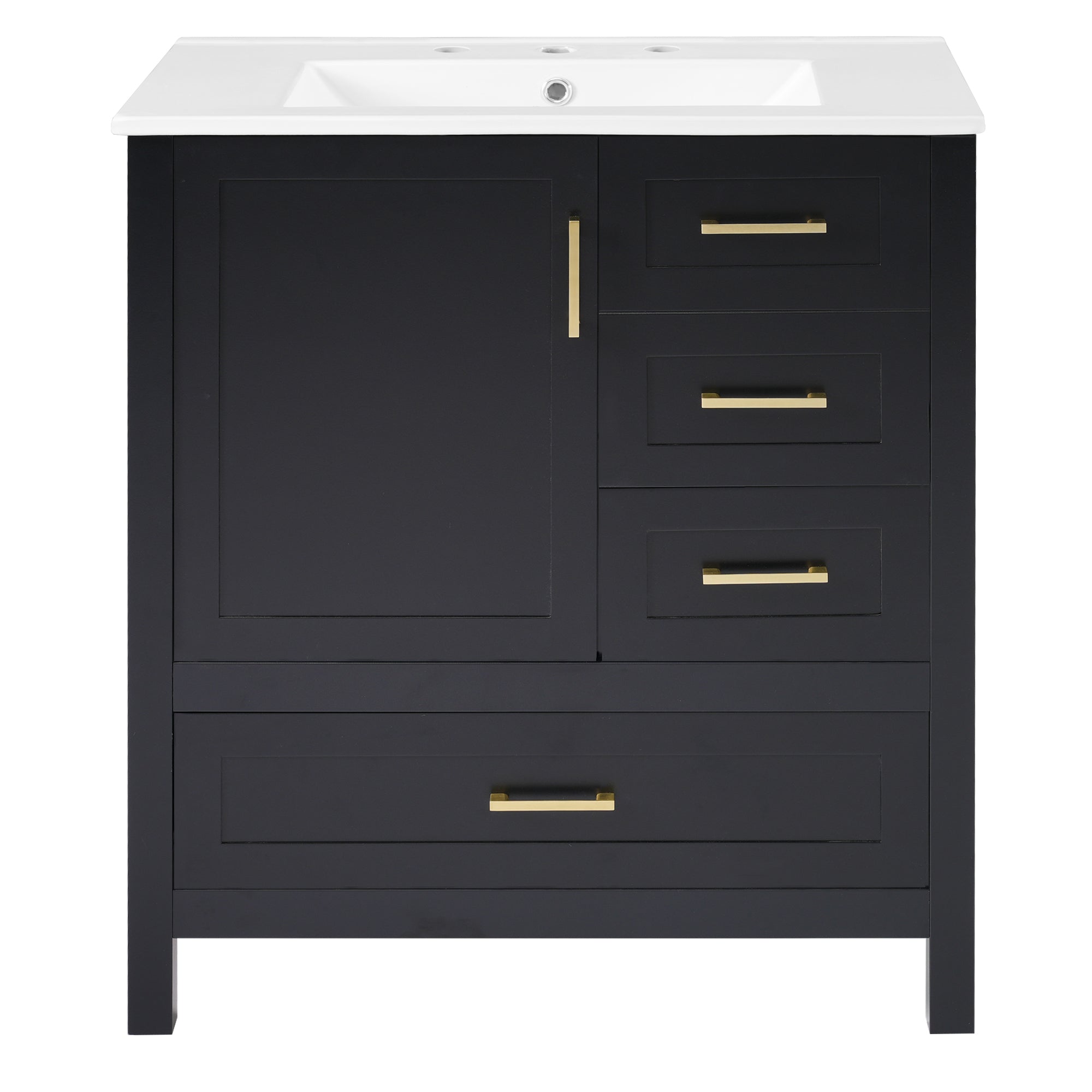 Modern 30-Inch Black Bathroom Vanity with Ceramic Sink, Solid Wood Frame, and Storage Solutions