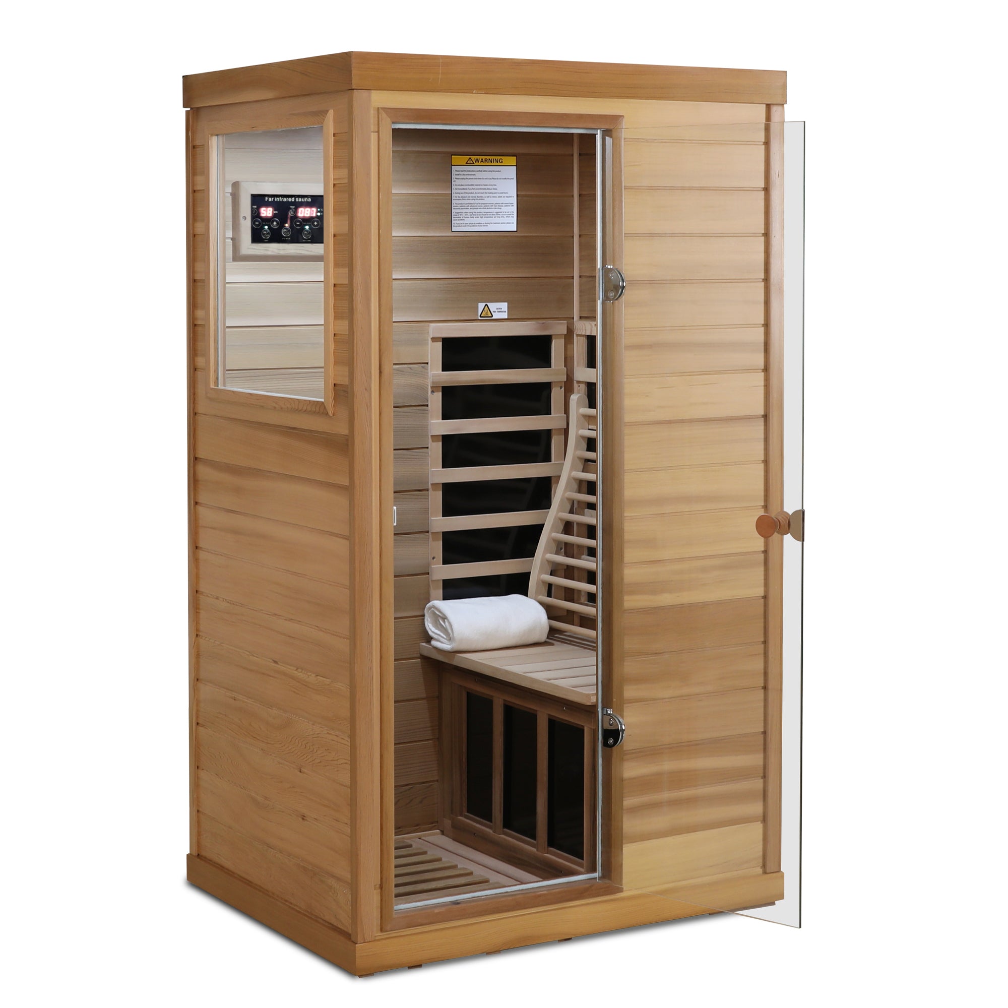 Red Cedar Mini One Person Far Infrared Indoor Sauna Room with Left Glass Door, Natural Wood & Caramel