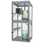 70-Inch Cat Window Catio House, Outdoor Wood Cat Enclosure with Wheels, Platforms, Resting Condo, Lockable Doors, Sunshine Roof, Personalized Color Panels, Gray