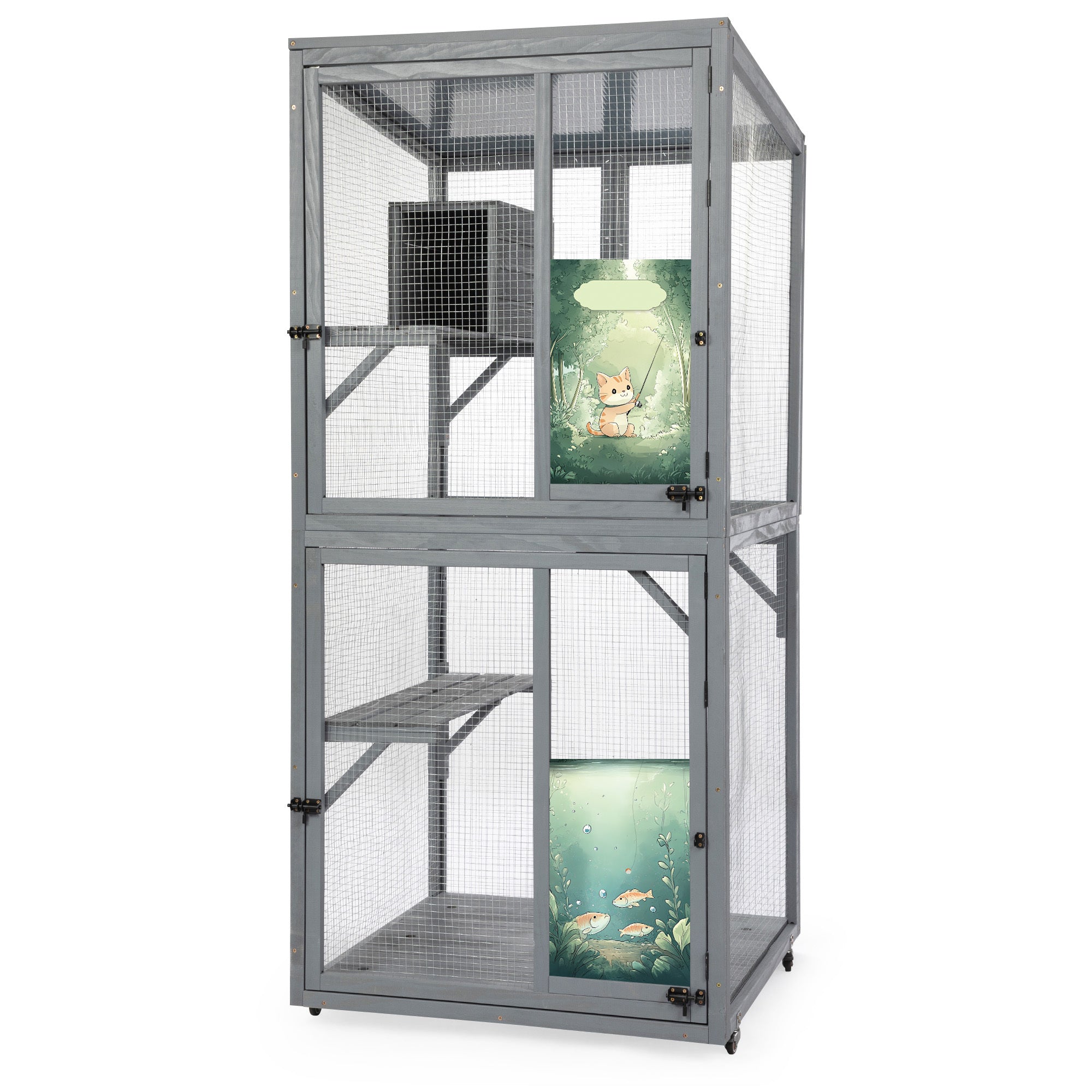 70-Inch Cat Window Catio House, Outdoor Wood Cat Enclosure with Wheels, Platforms, Resting Condo, Lockable Doors, Sunshine Roof, Personalized Color Panels, Gray