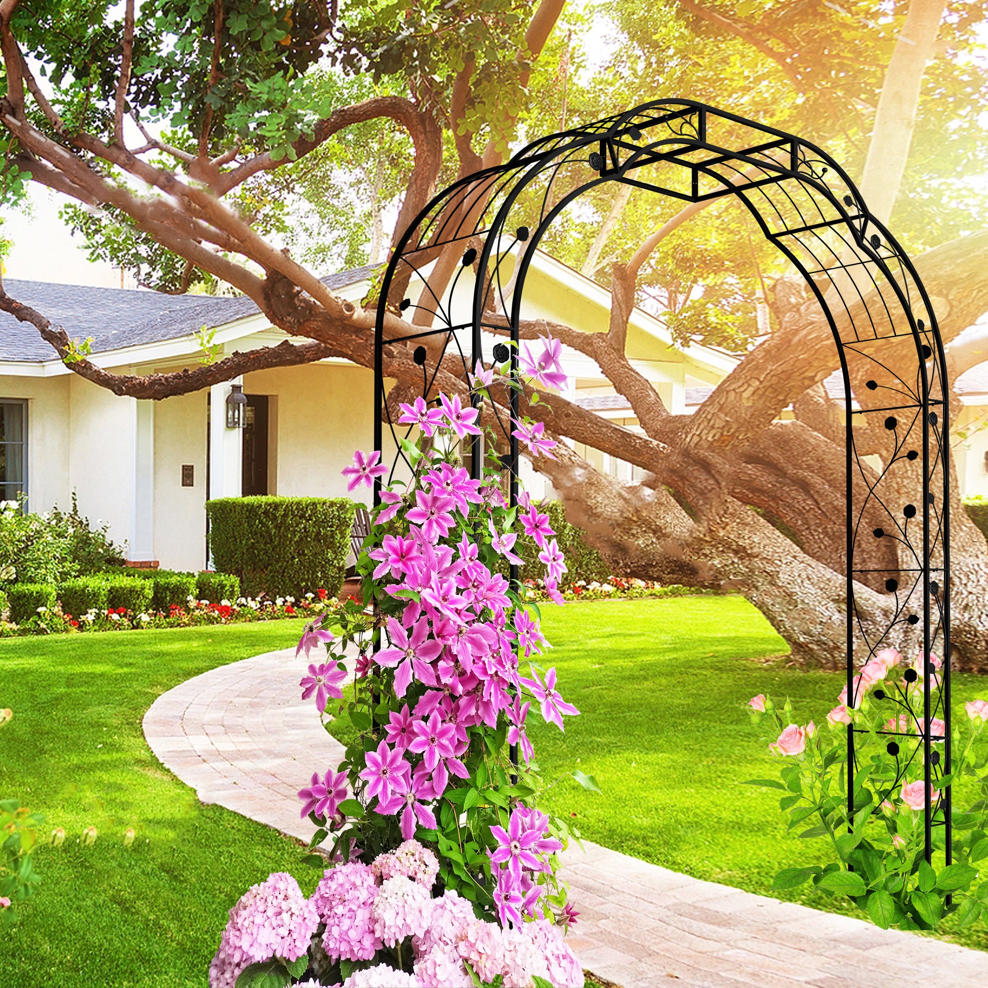 Metal Garden Arch W74.4'' x H98.4'' Garden Arbor Trellis Climbing Plants Support Rose Arch Outdoor Arch Black