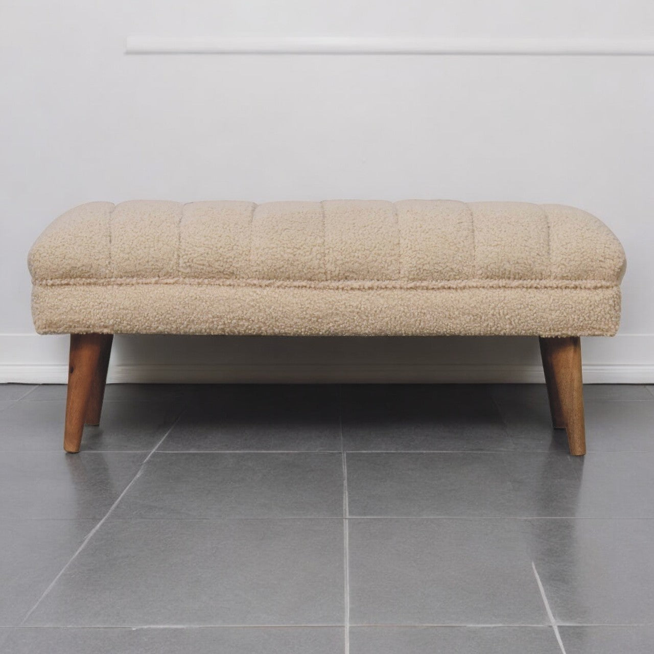 Solid Wood Boucle Puffer Bench, Nordic Legs, Beige and Light Brown