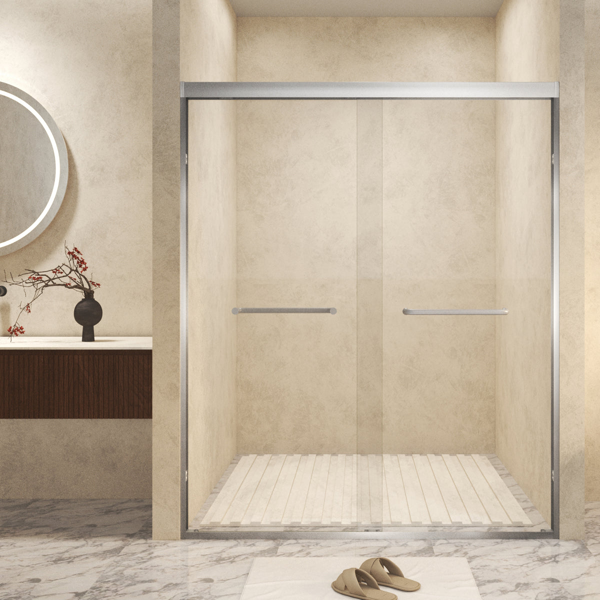 50-54 ' x 72' Tempered Glass with Explosion Proof Film, Aluminum Frame Double Sliding Shower Door, '1/4 (6 mm), Stainless Steel handle,Brushed Nickel